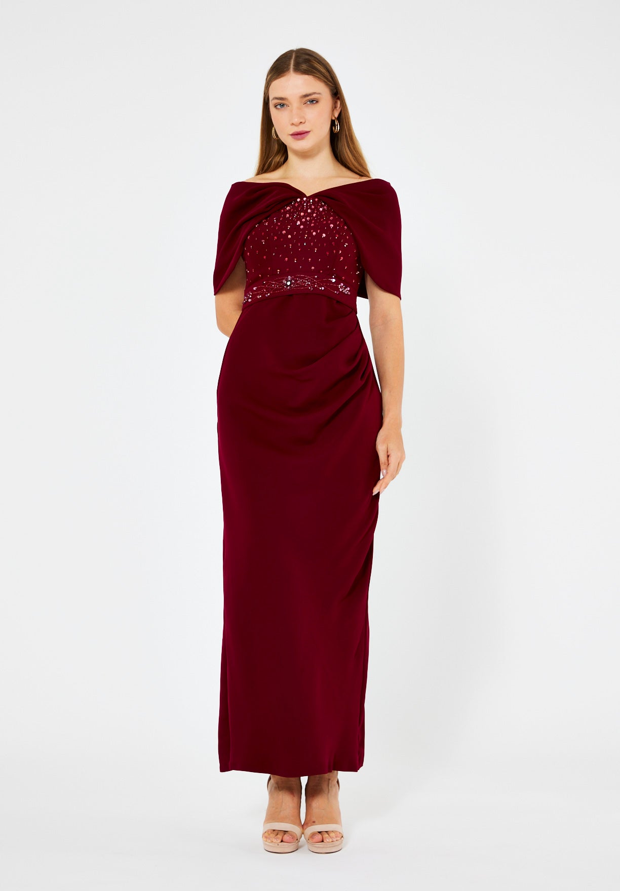 Off-The-Shoulder Draped Embellished Crepe Gown
