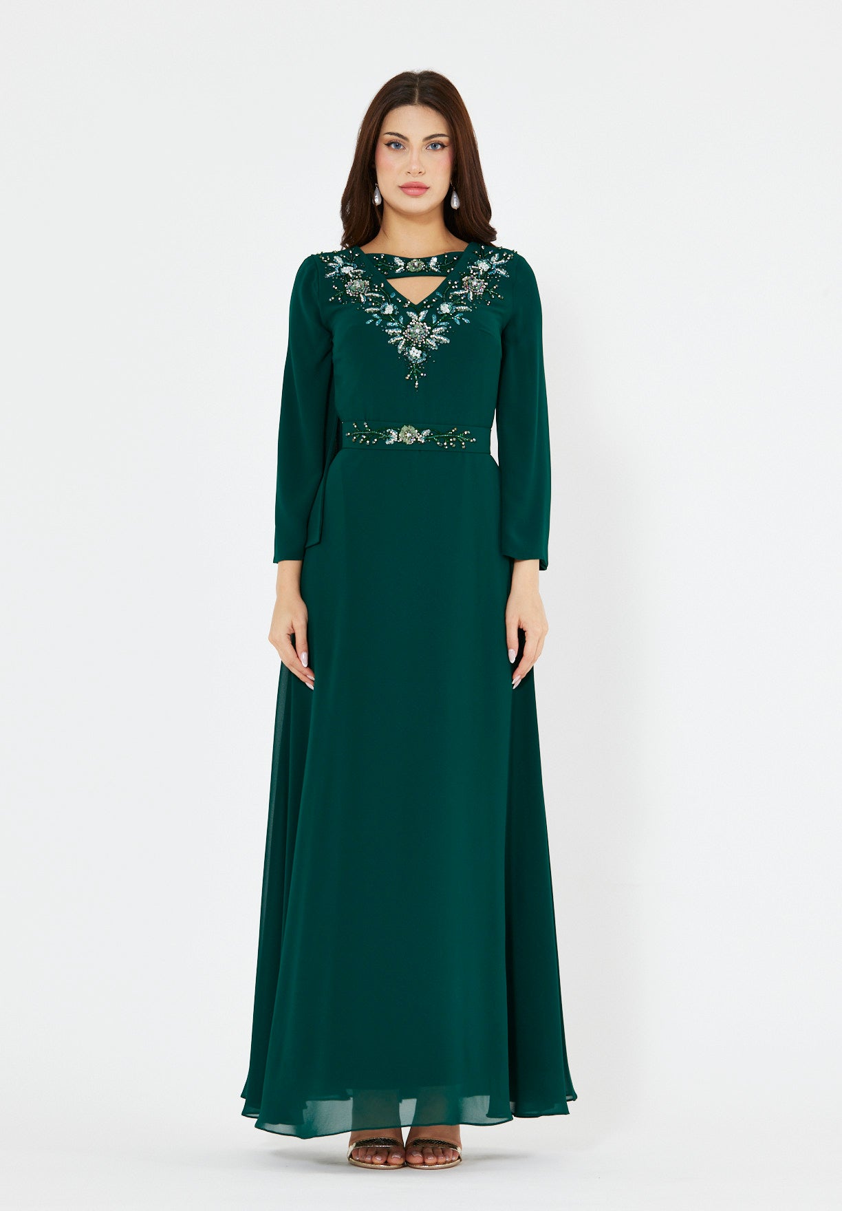 Regal Embellished Crepe Gown with Cut-out Neckline