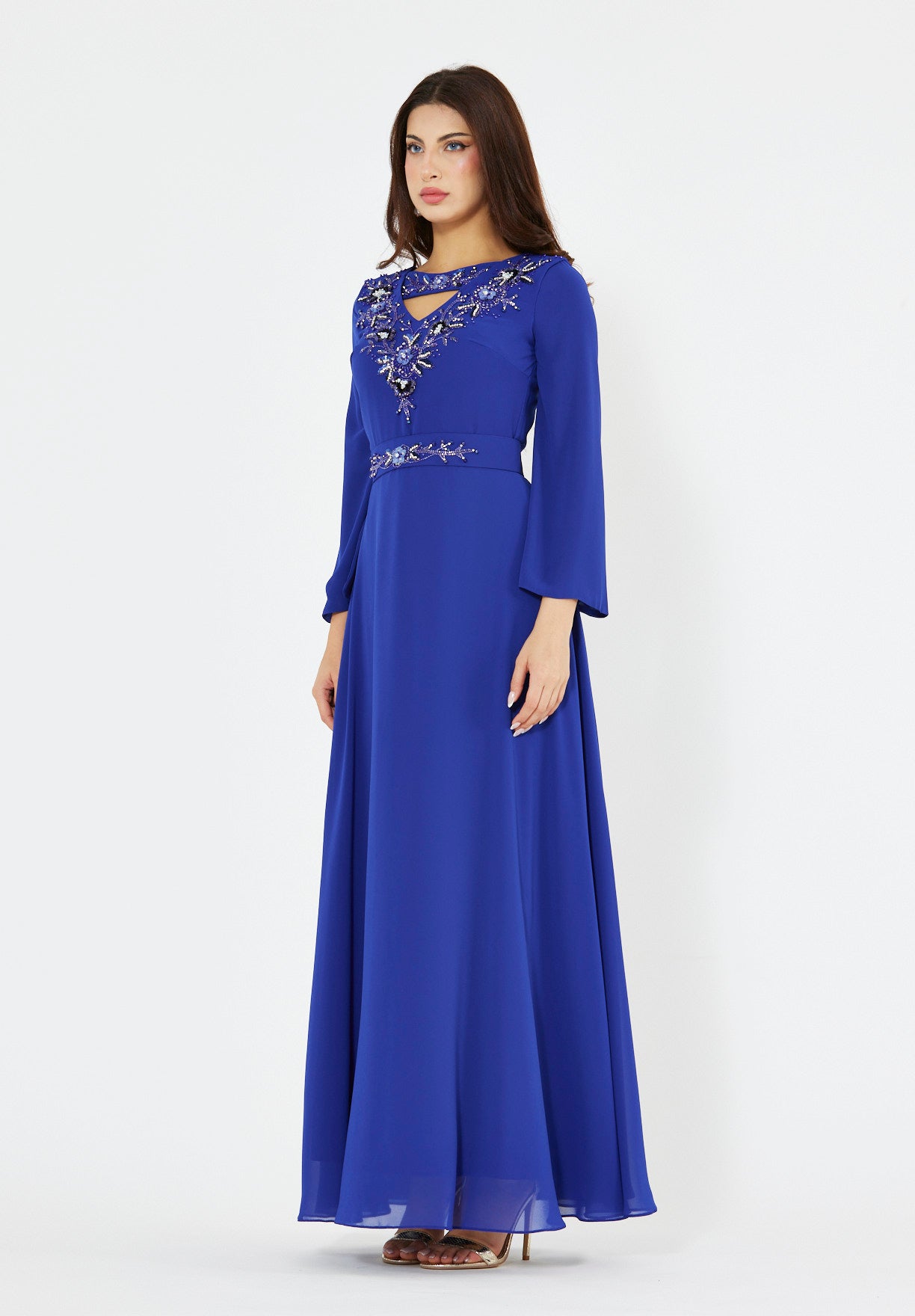 Regal Embellished Crepe Gown with Cut-out Neckline
