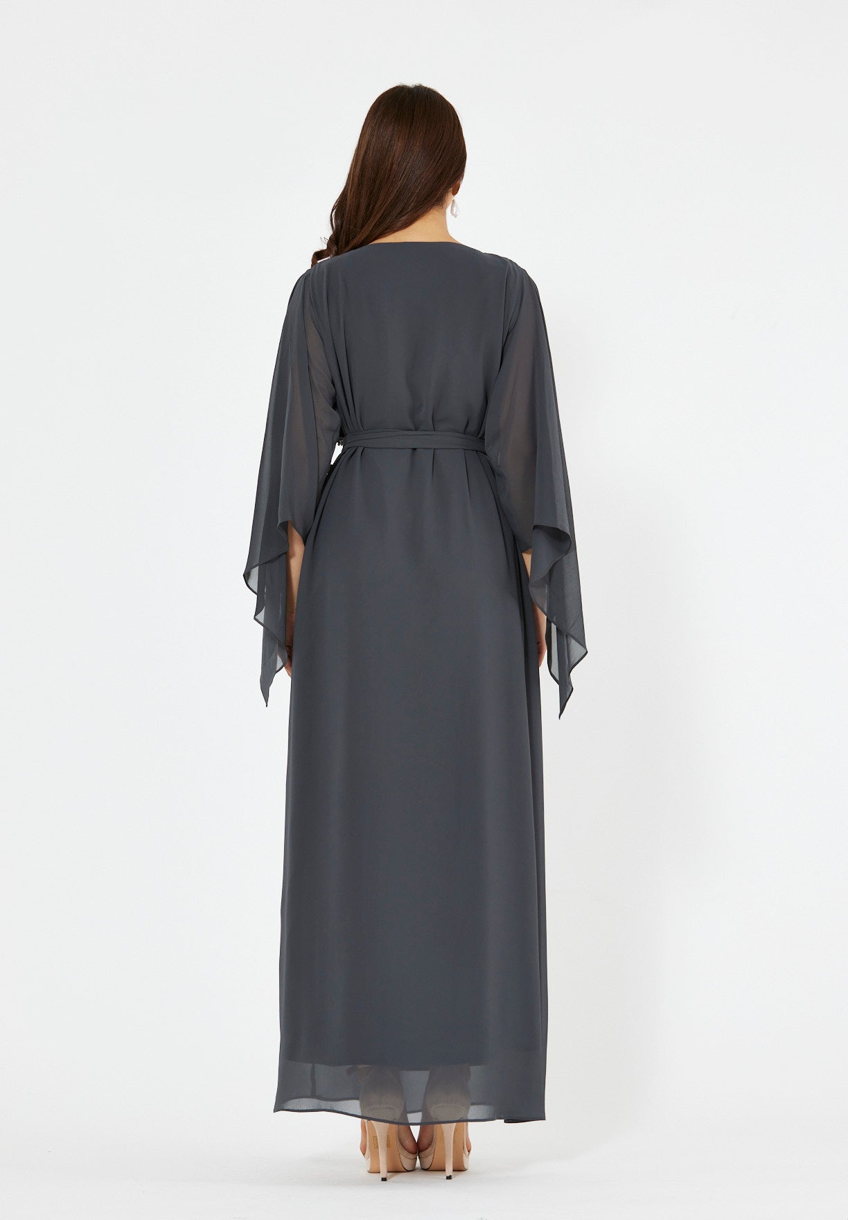 Seraphina Cape-Sleeve Gown with Radiant Bead Embellishment