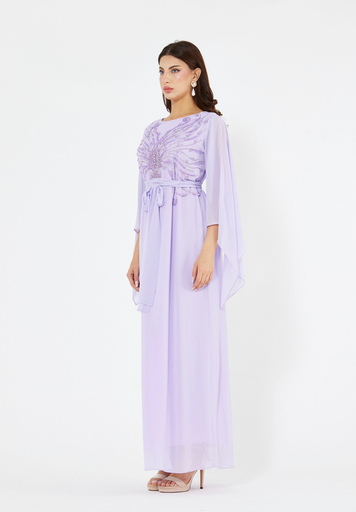 Seraphina Cape-Sleeve Gown with Radiant Bead Embellishment