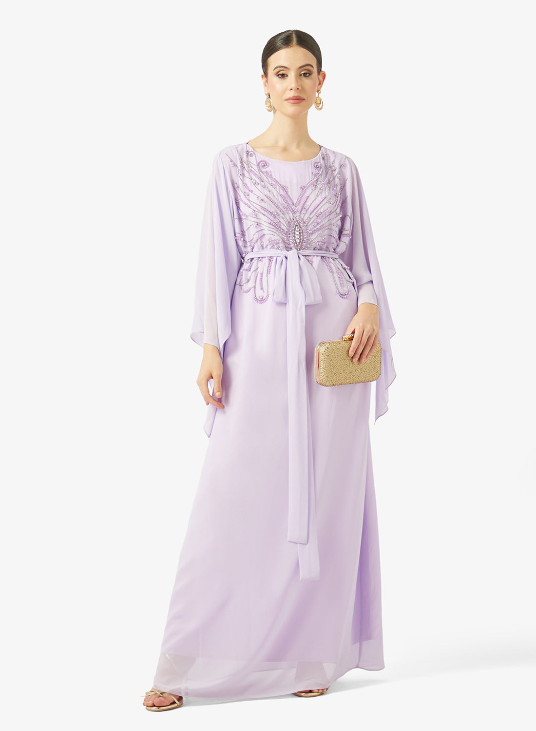 Embellished Chiffon Cape Gown