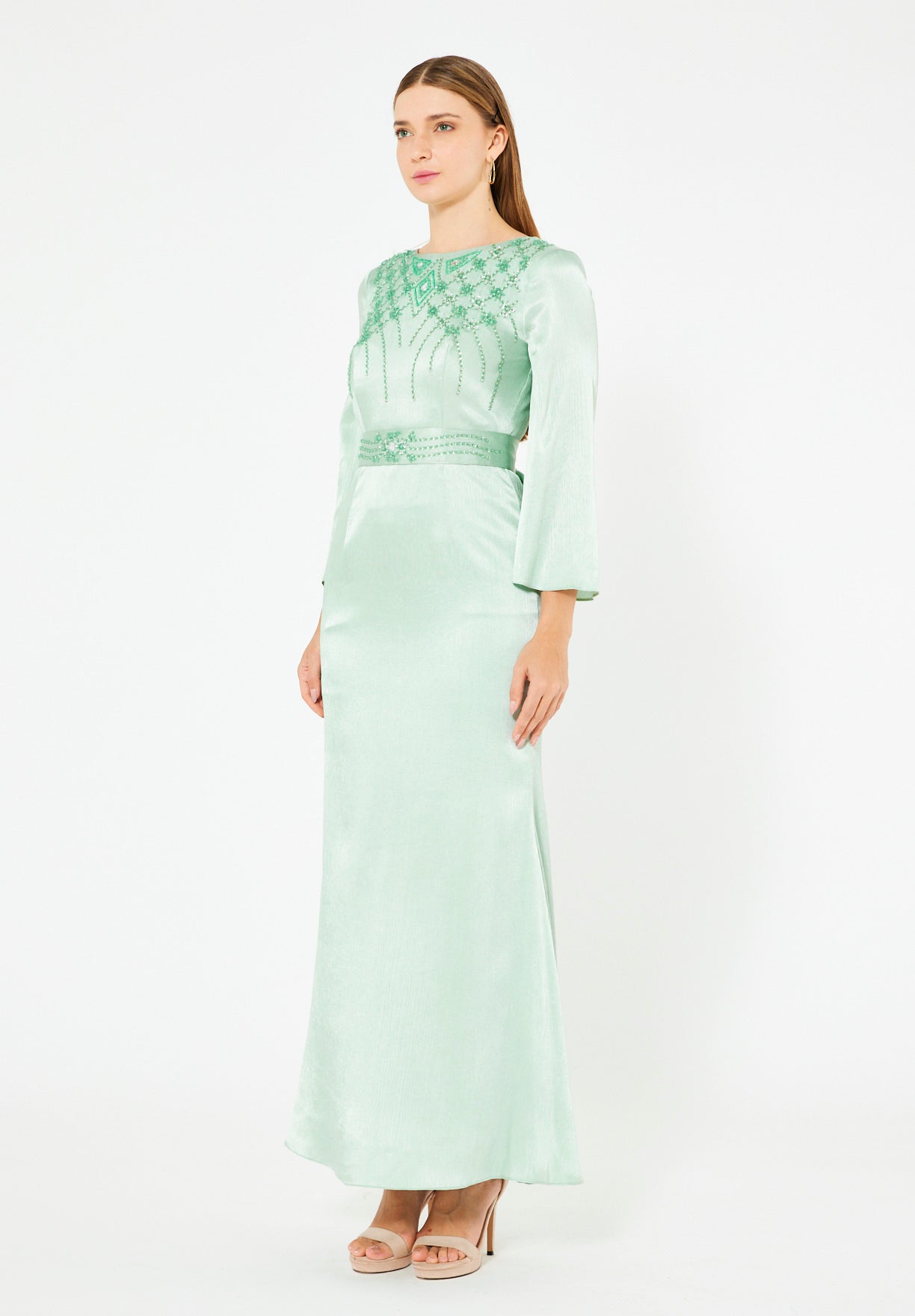 Geometric Embellished Luminous Structured Gown in Satin