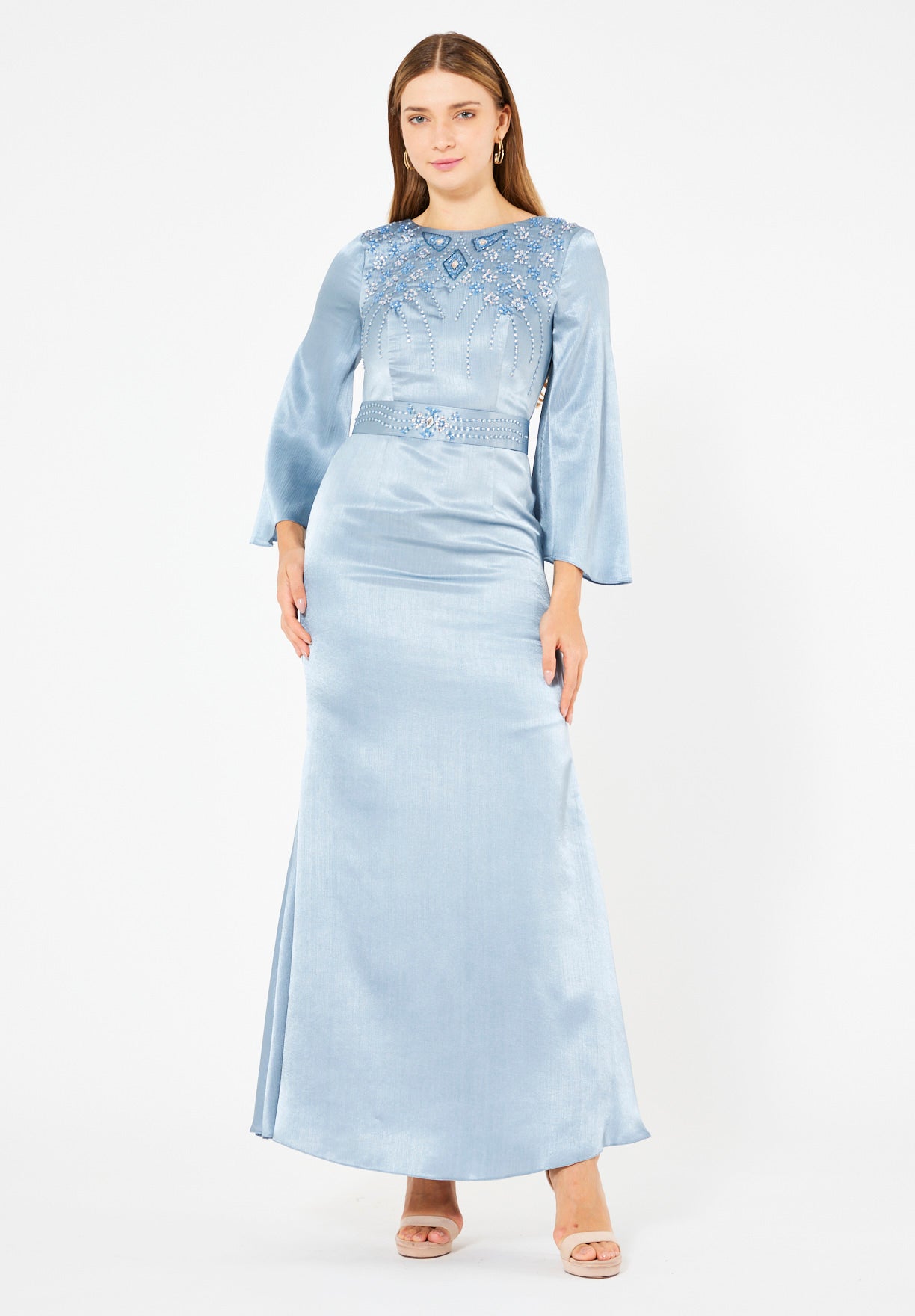 Geometric Embellished Luminous Structured Gown in Satin