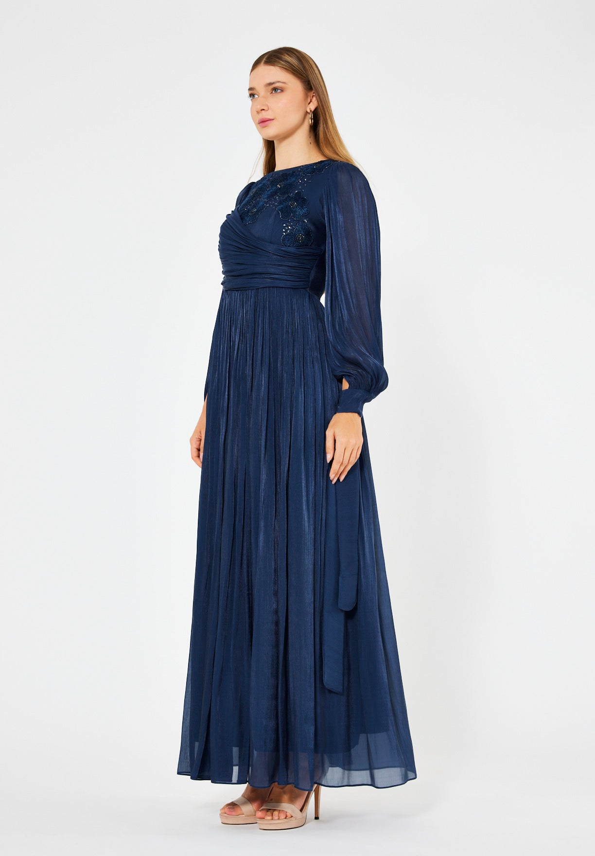 Wrap-Style Draped Embellished Gown In Soft Organza