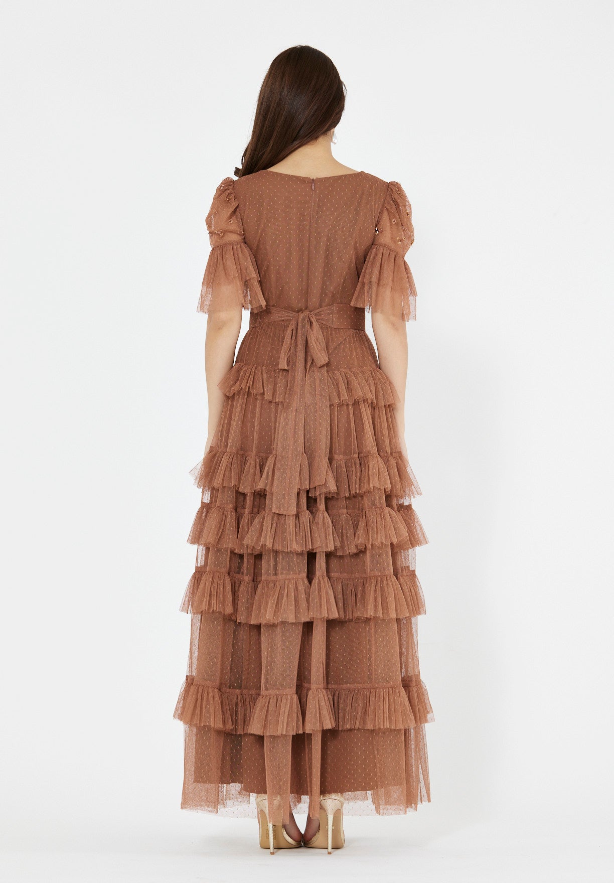 Embellished Ruffle Tiered Gown in Dot Tulle