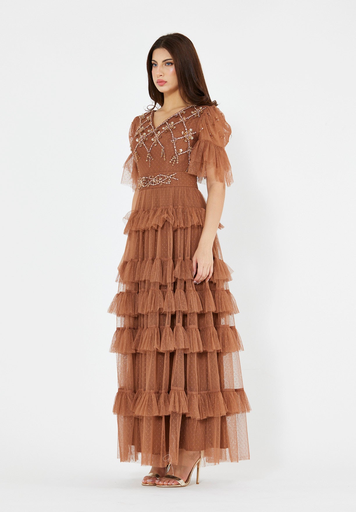 Embellished Ruffle Tiered Gown in Dot Tulle