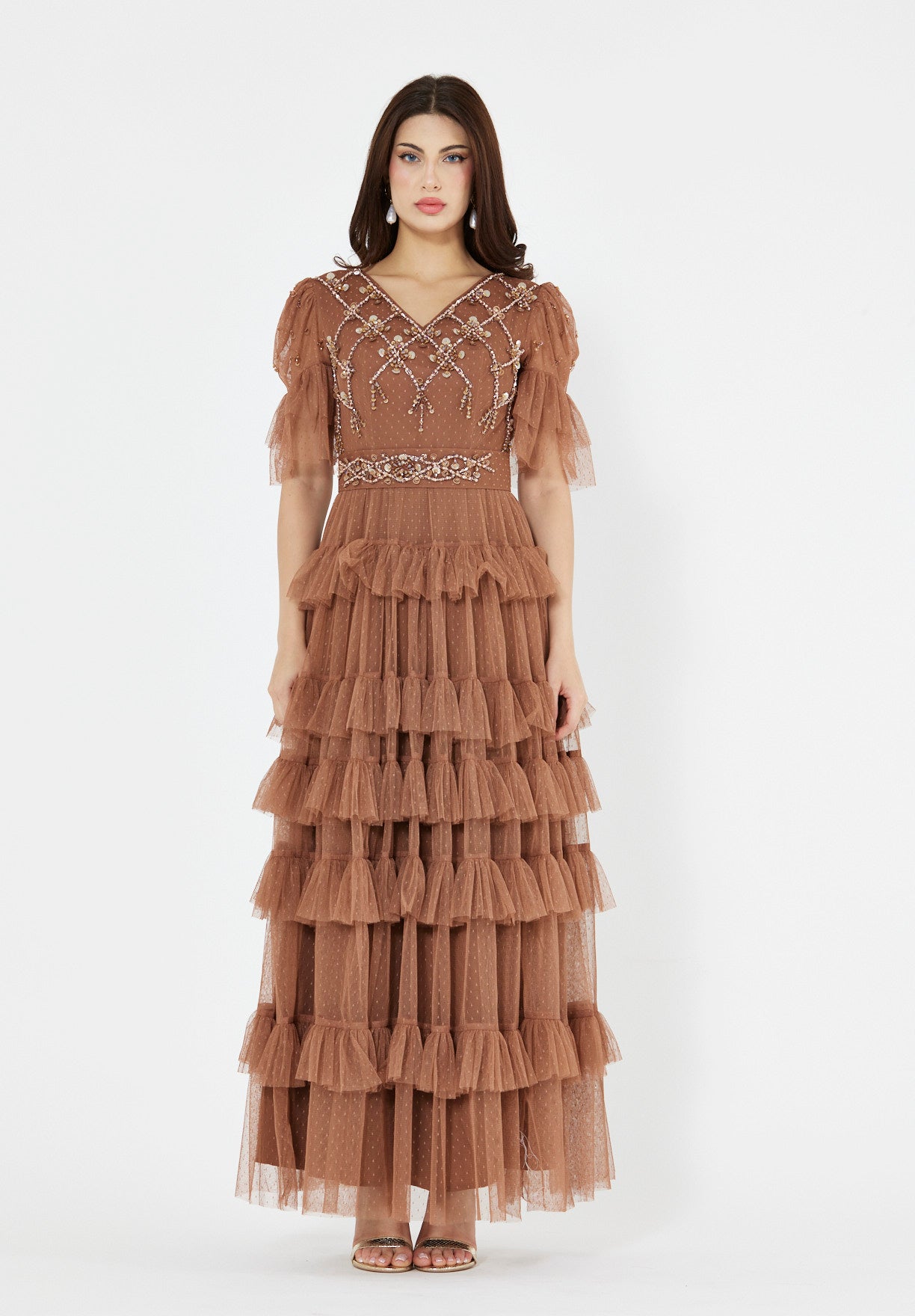 Embellished Ruffle Tiered Gown in Dot Tulle