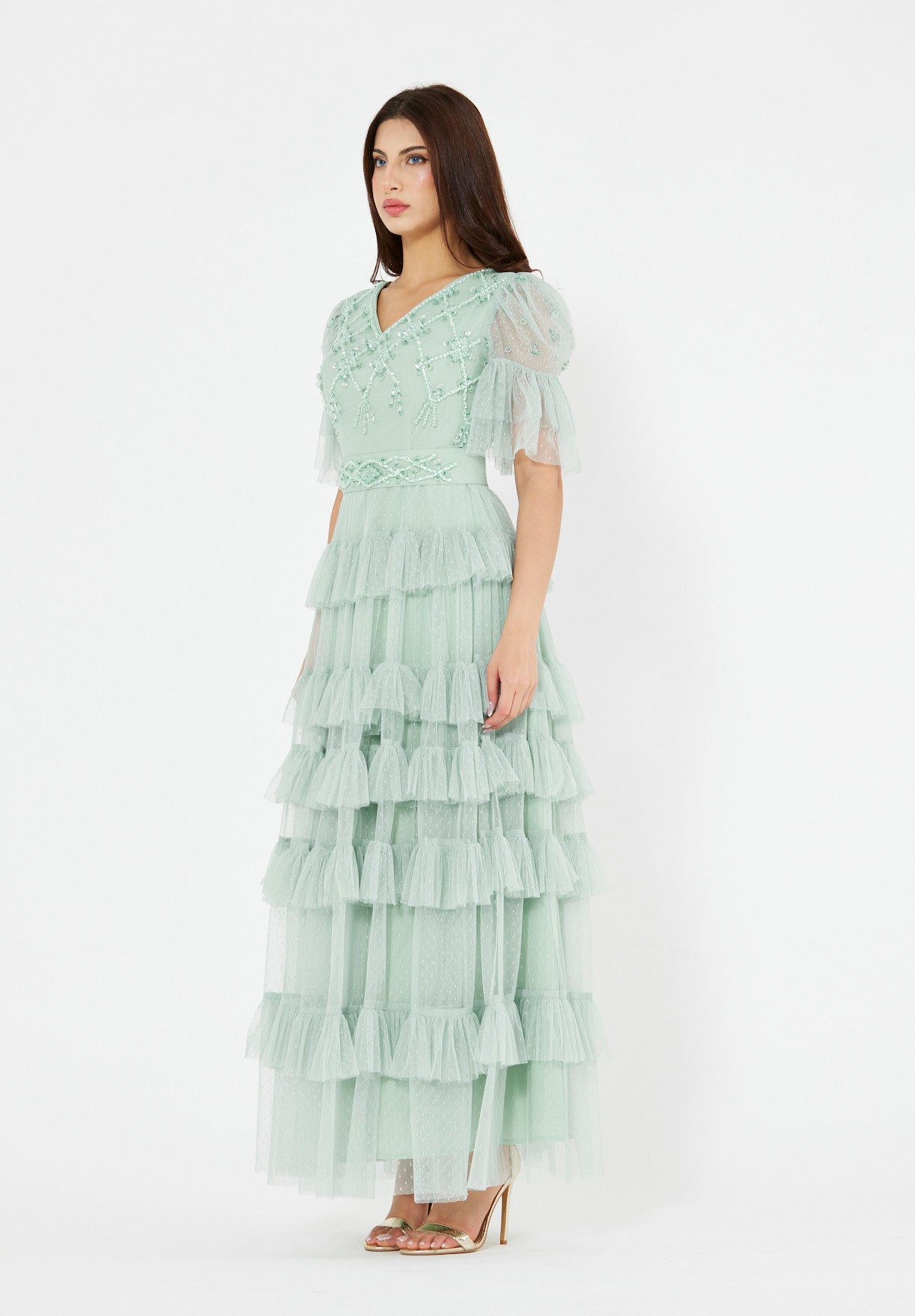 Embellished Ruffle Tiered Gown in Dot Tulle