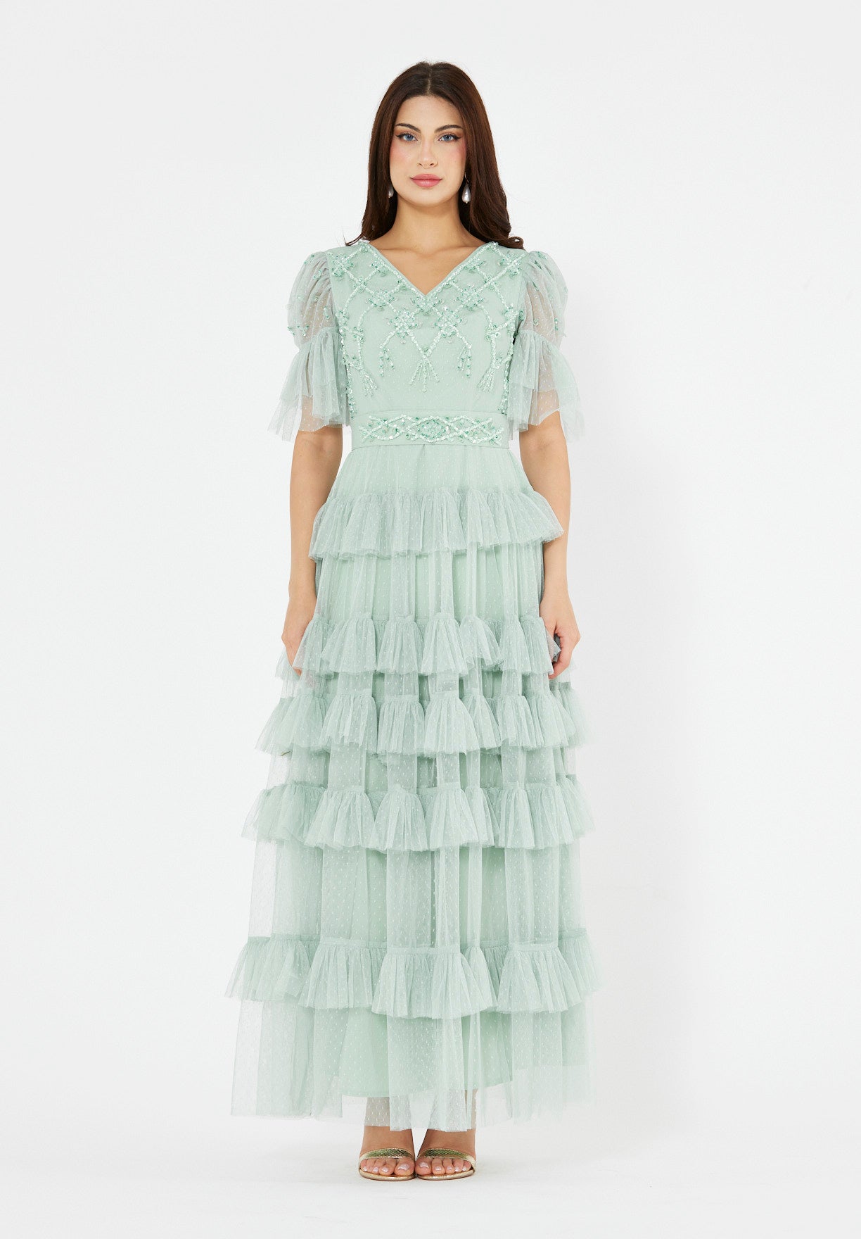 Embellished Ruffle Tiered Gown in Dot Tulle