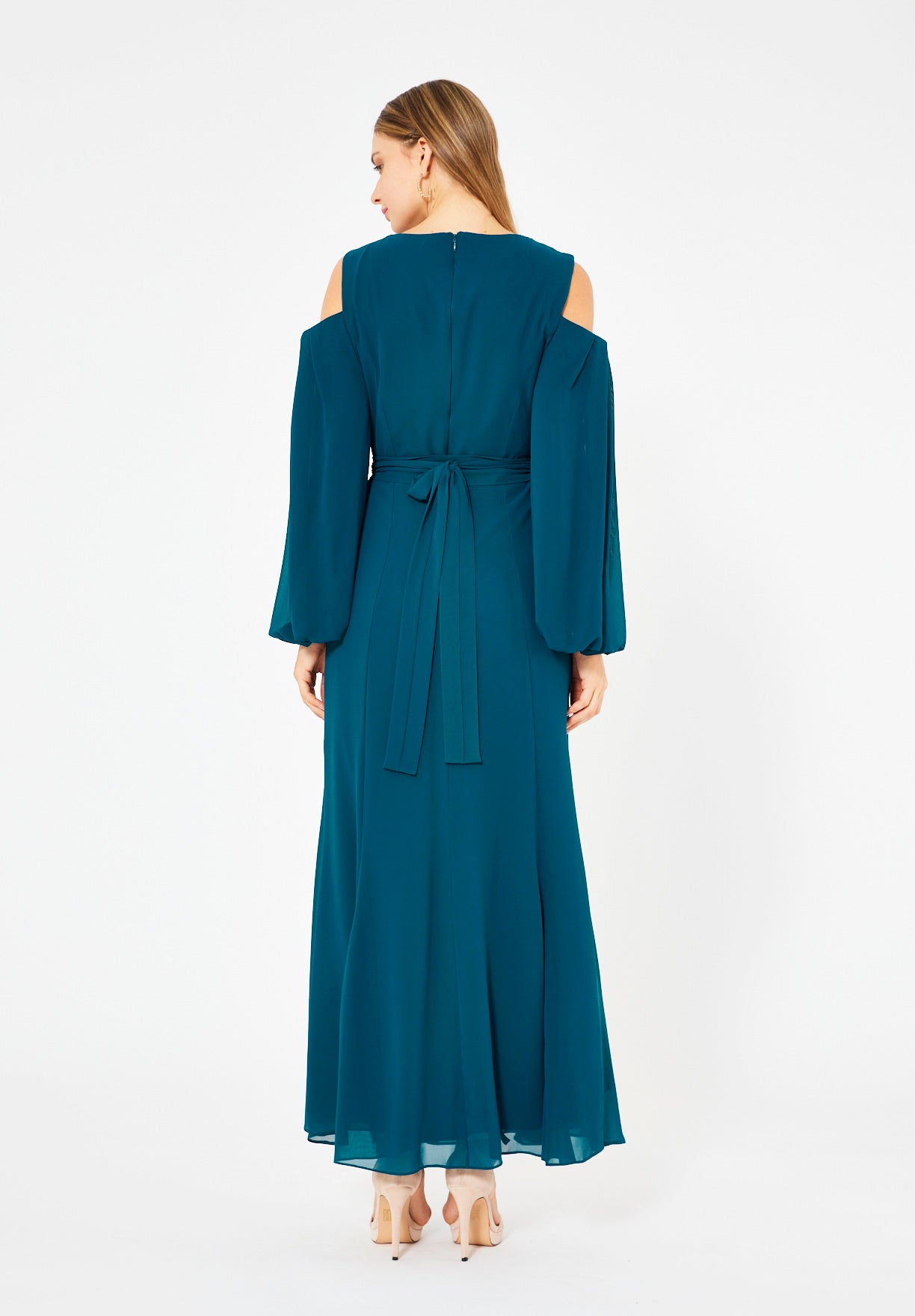 Ethereal Embellished Cold-Shoulder Gown in Crepe