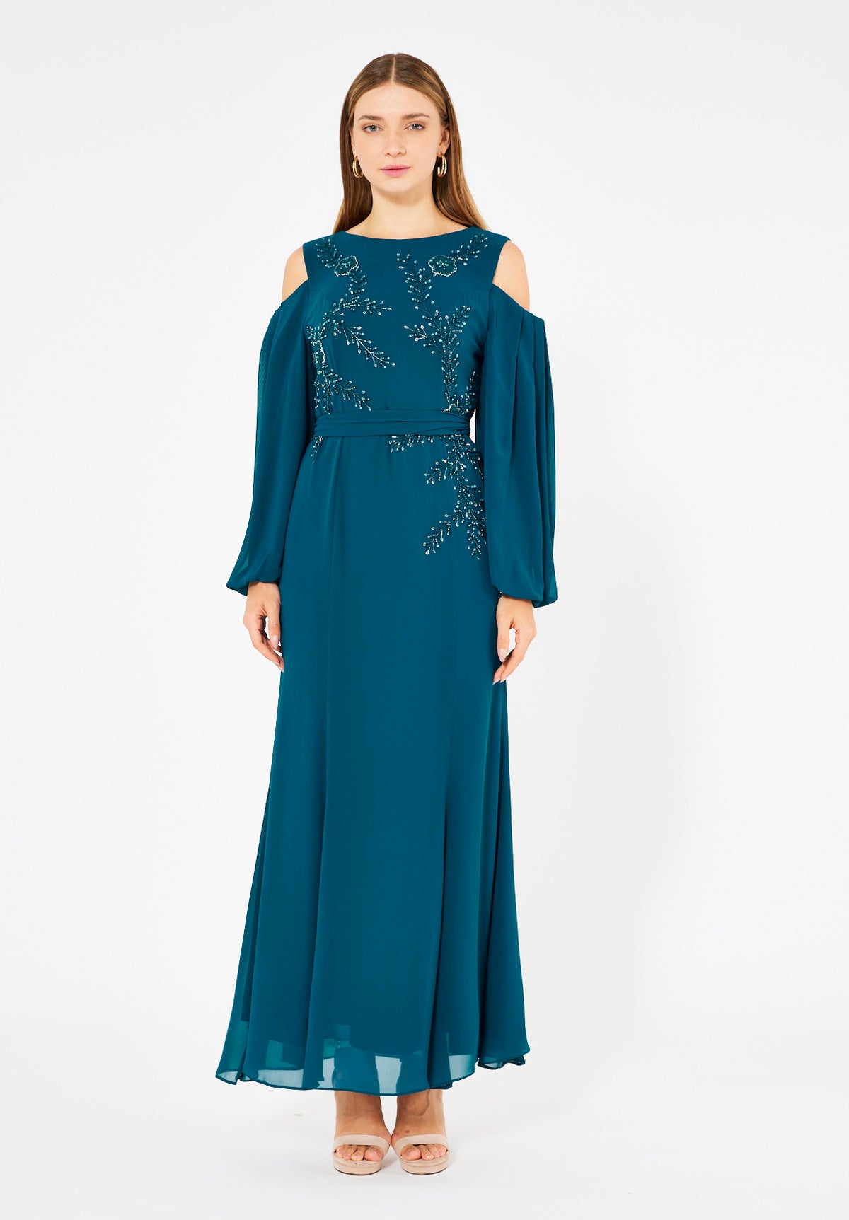 Embellished Cold-Shoulder Chiffon Gown
