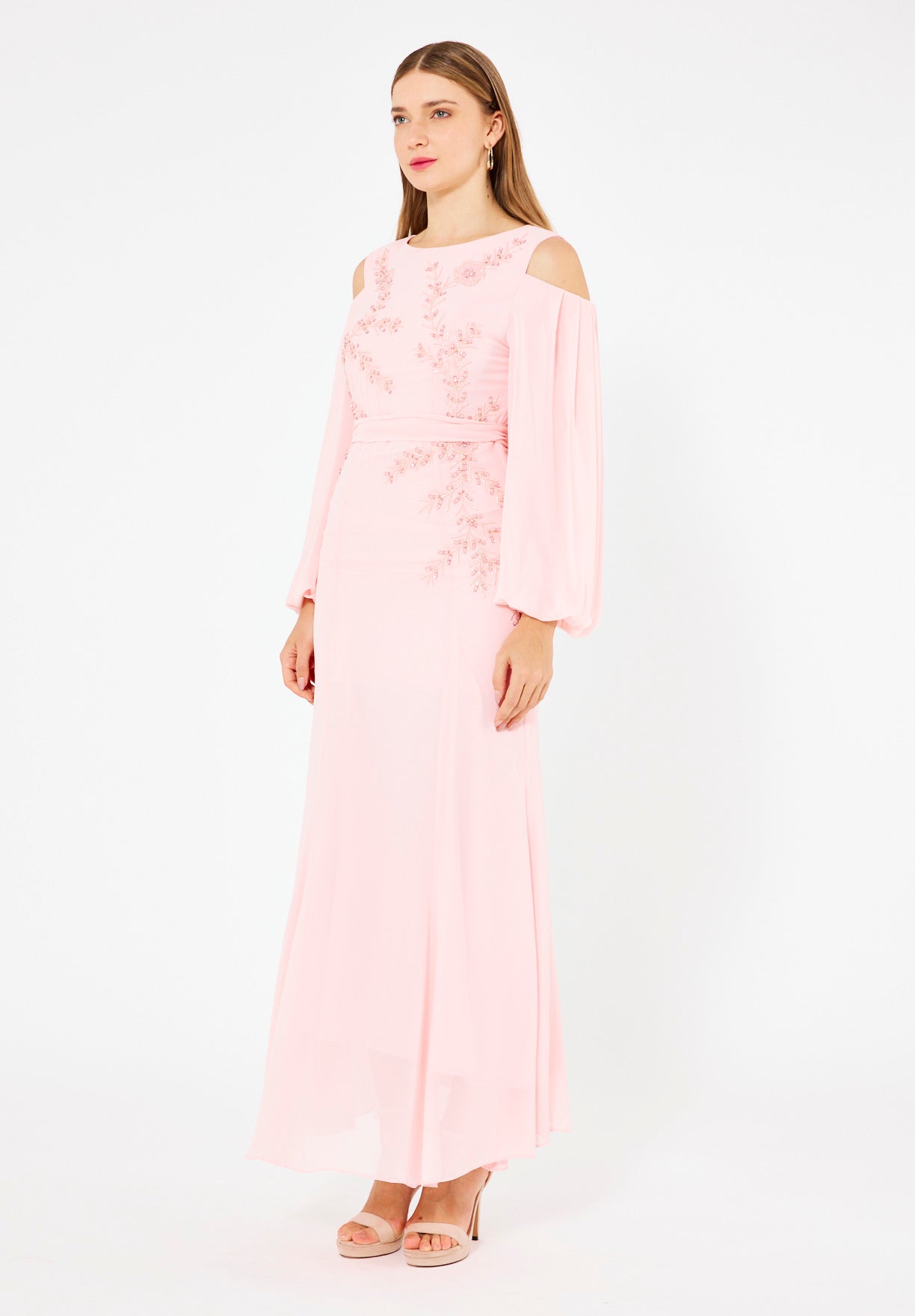 Ethereal Embellished Cold-Shoulder Gown in Crepe