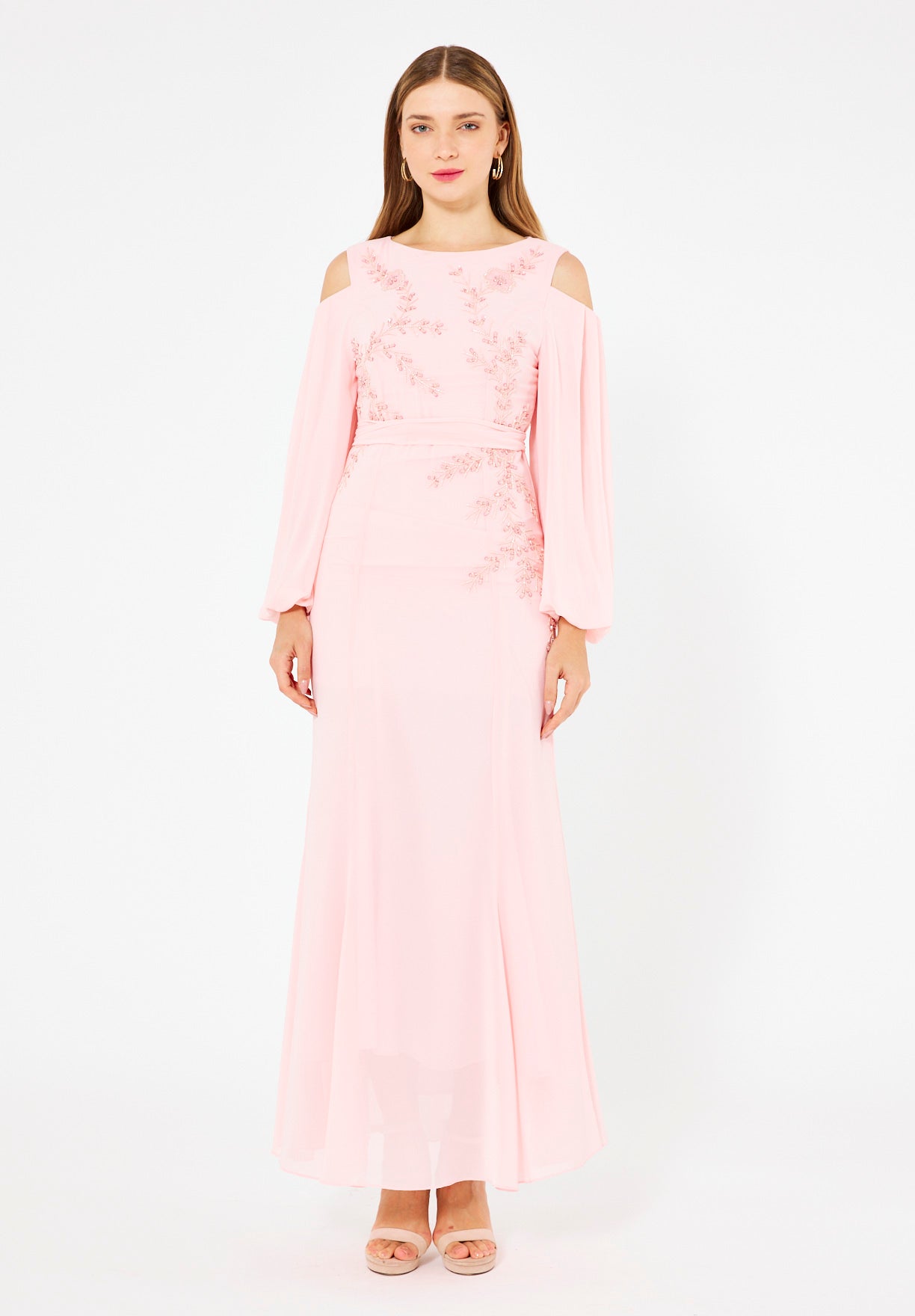 Ethereal Embellished Cold-Shoulder Gown in Crepe