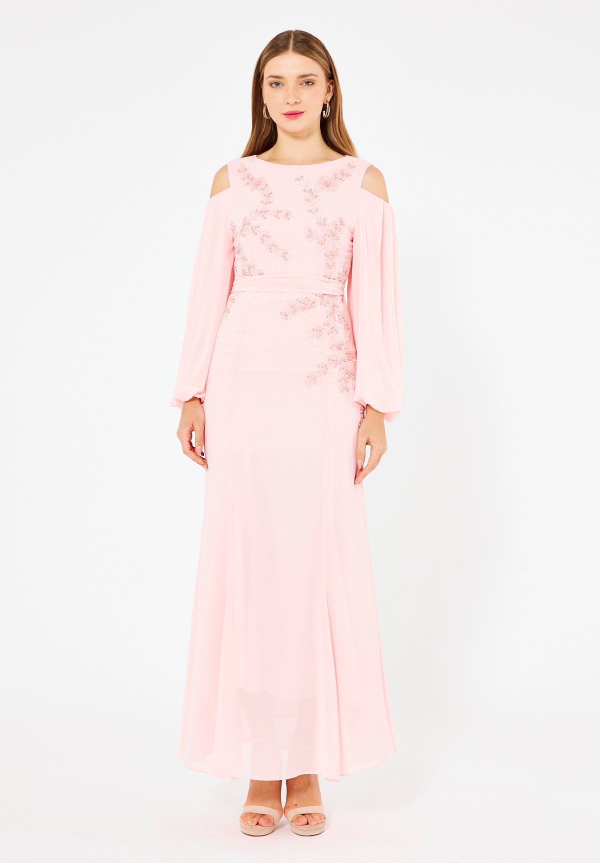 Embellished Cold-Shoulder Chiffon Gown
