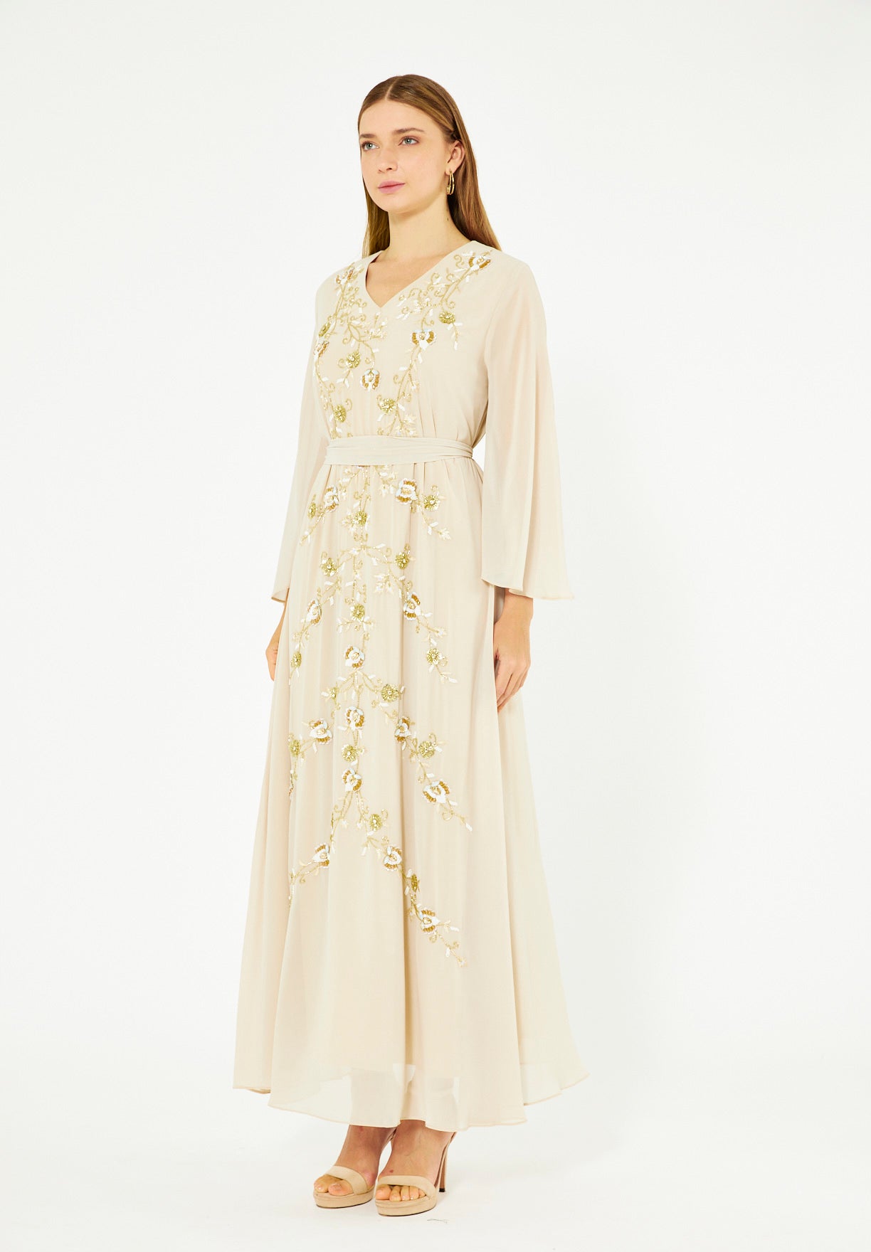 Emerald Blossom Embroidered Chiffon Gown