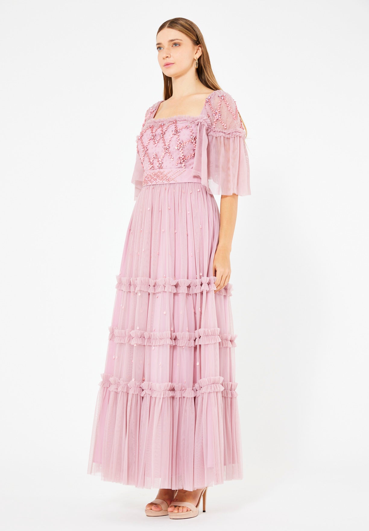 Tiered Tulle Gown with Floral Embellishment