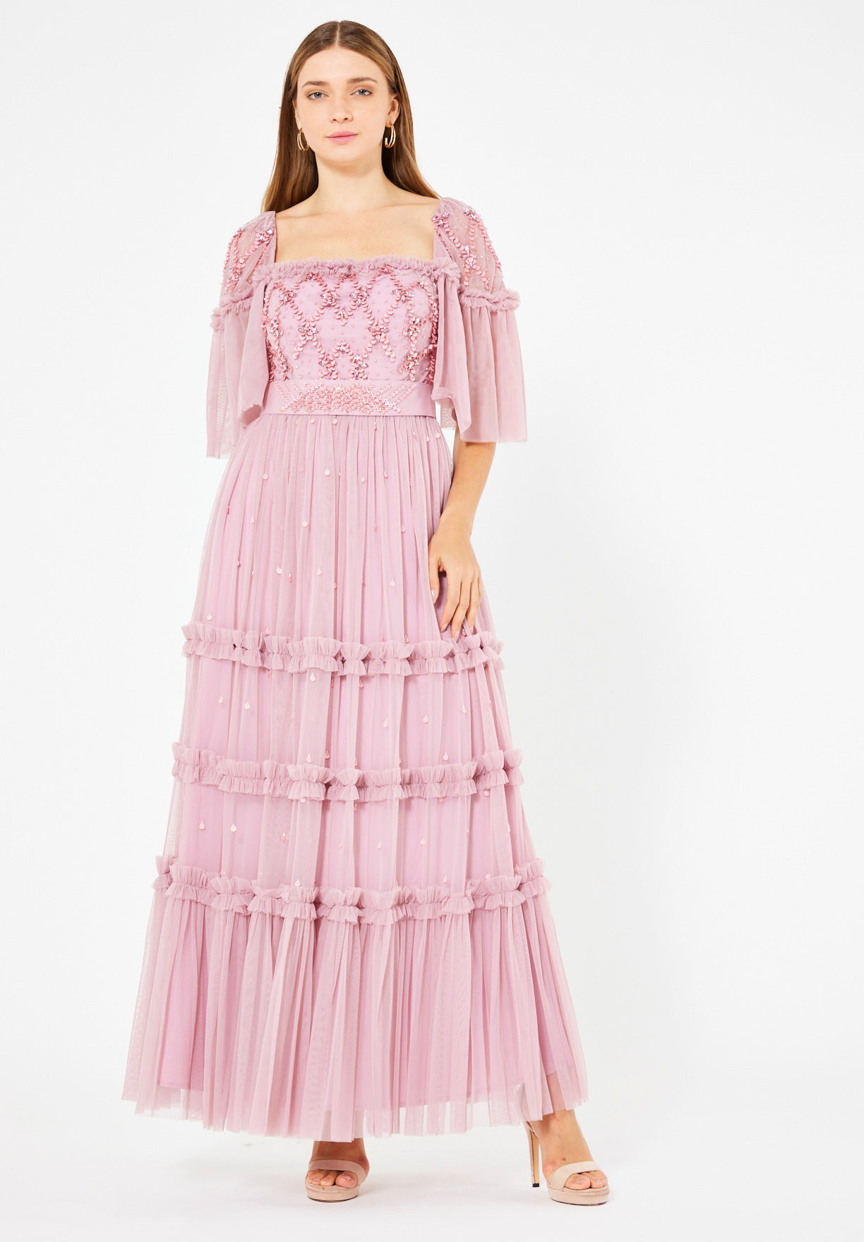 Tiered Tulle Gown with Floral Embellishment