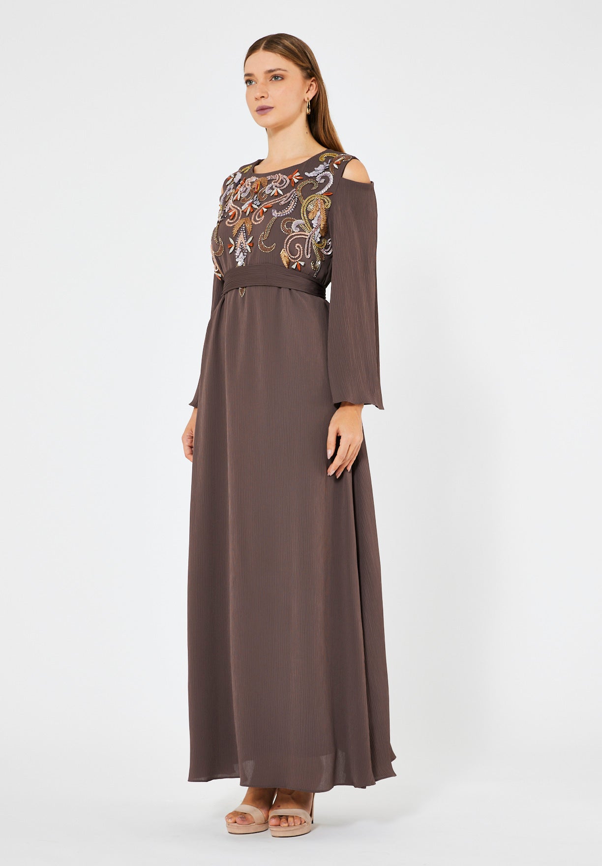 Multicolored Embellished Cold Shoulder Dress in Crinkle Chiffon