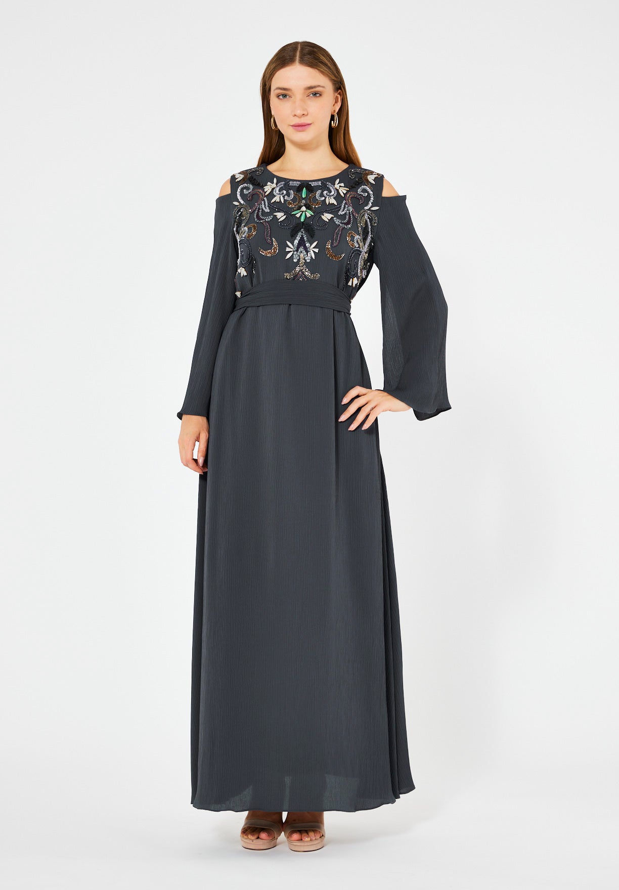 Multicolored Embellished Cold Shoulder Dress in Crinkle Chiffon