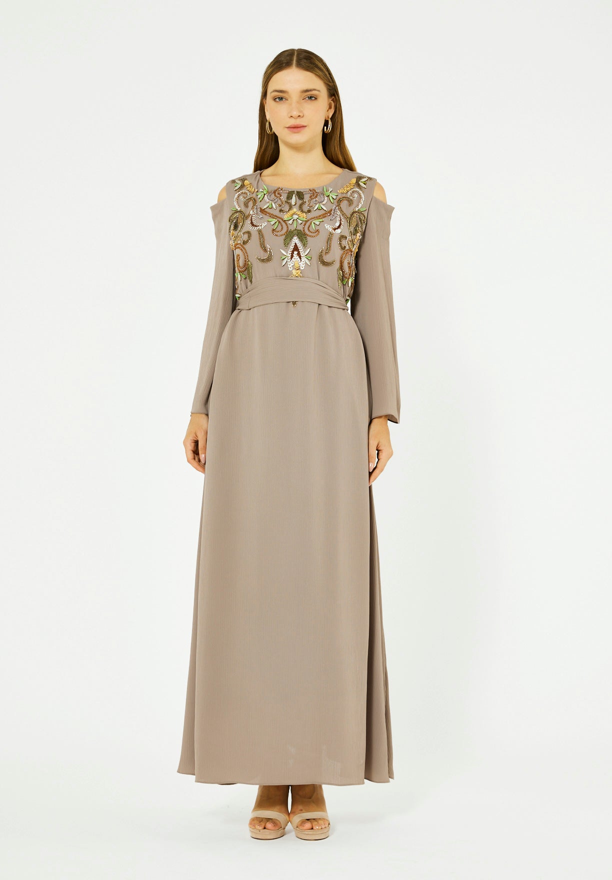 Multicolored Embellished Cold Shoulder Dress in Crinkle Chiffon