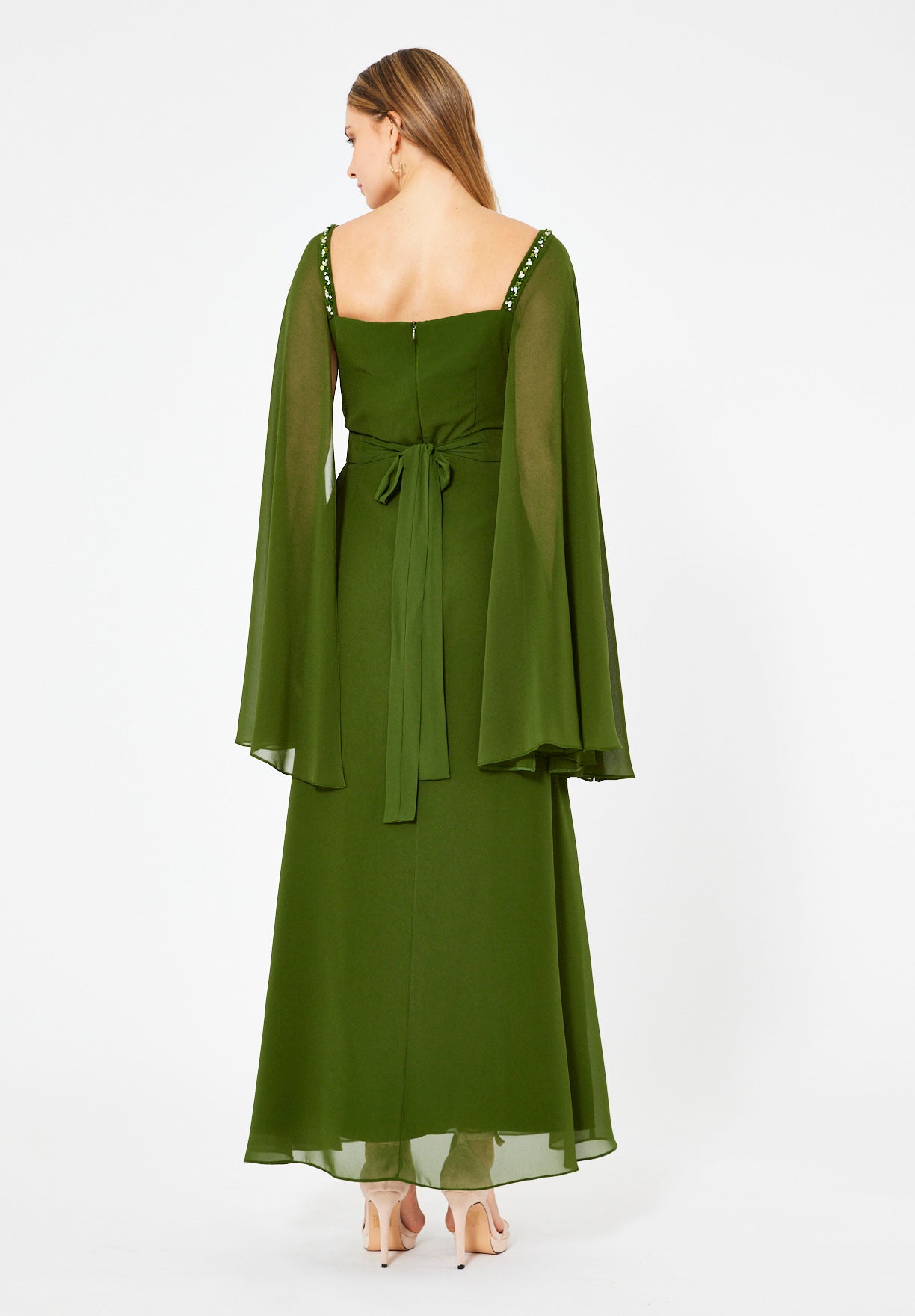 Beads Embellished Cape Sleeves Gown