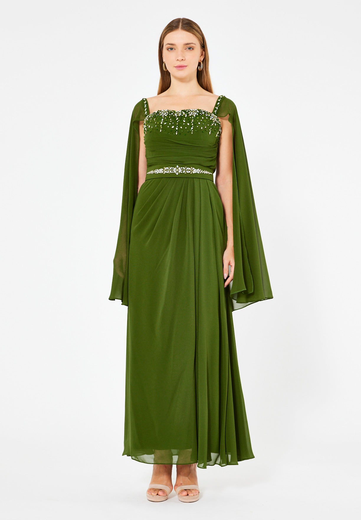 Beads Embellished Cape Sleeves Gown