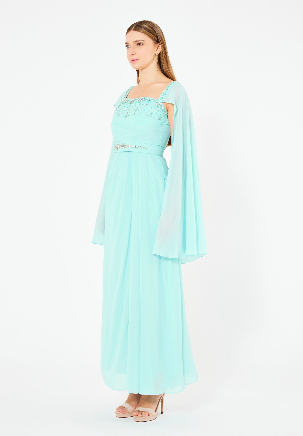 Beads Embellished Cape Sleeves Gown