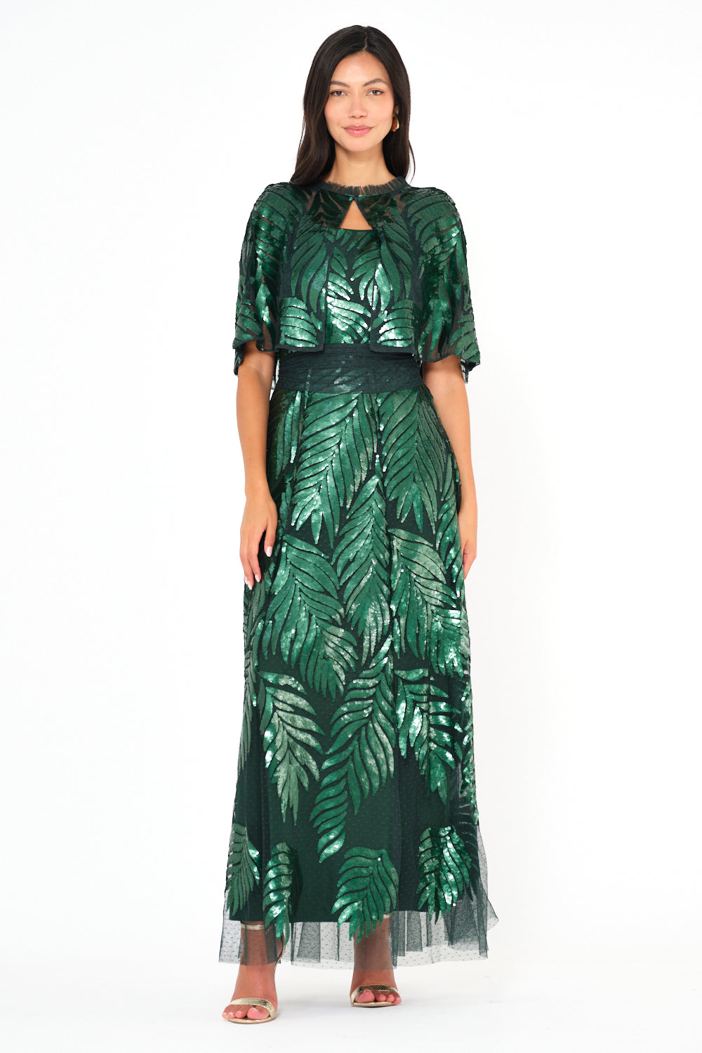 Sequin Leaf Cape Sleeve Evening Gown