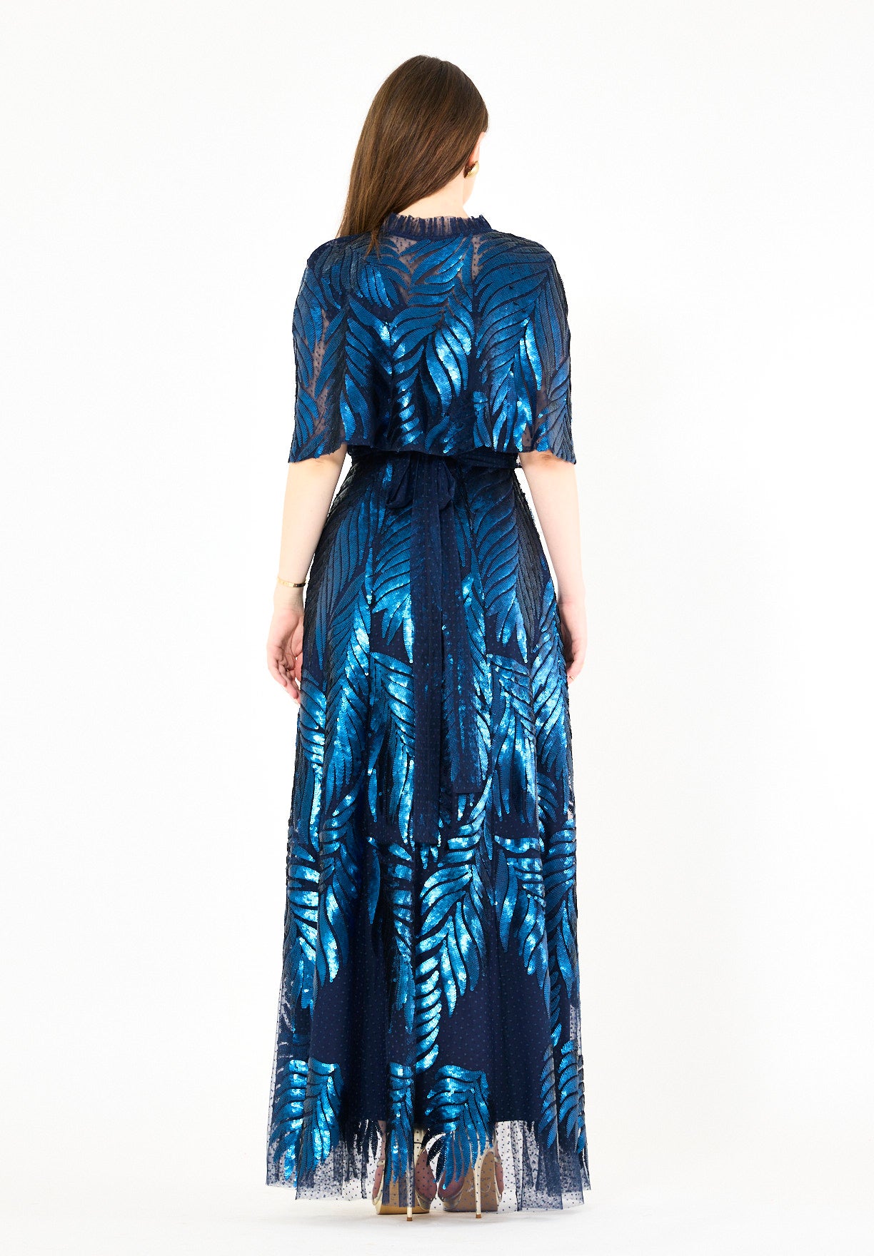 Sequined Leaf Gown with Sheer Cape Overlay
