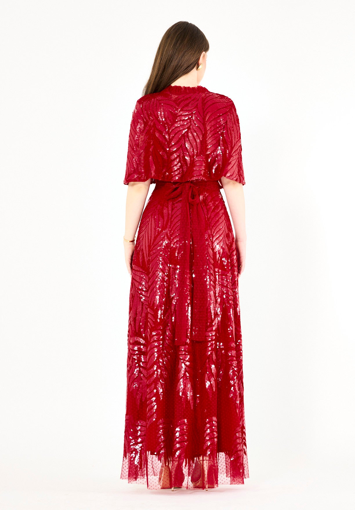 Sequined Leaf Gown with Sheer Cape Overlay
