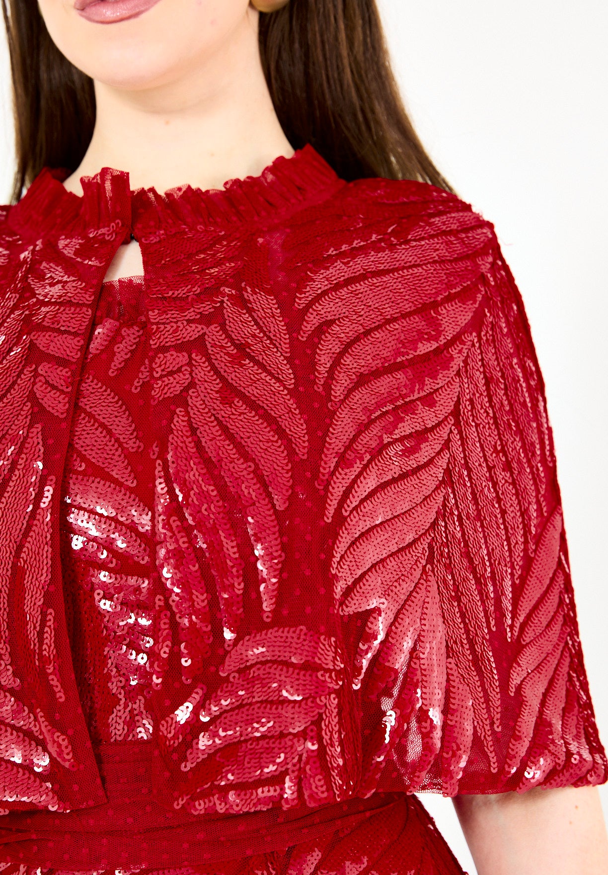 Sequined Leaf Gown with Sheer Cape Overlay