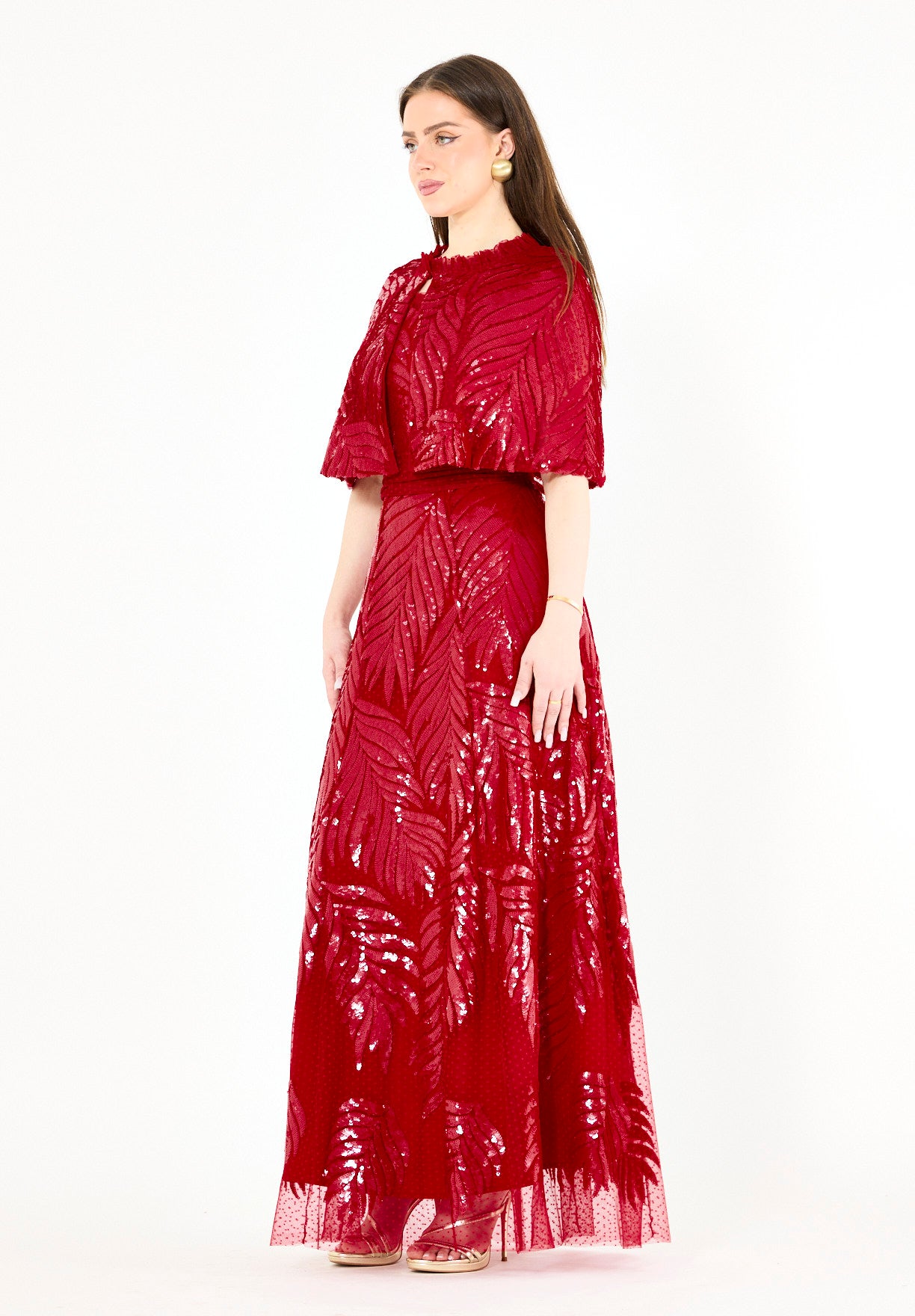 Sequined Leaf Gown with Sheer Cape Overlay