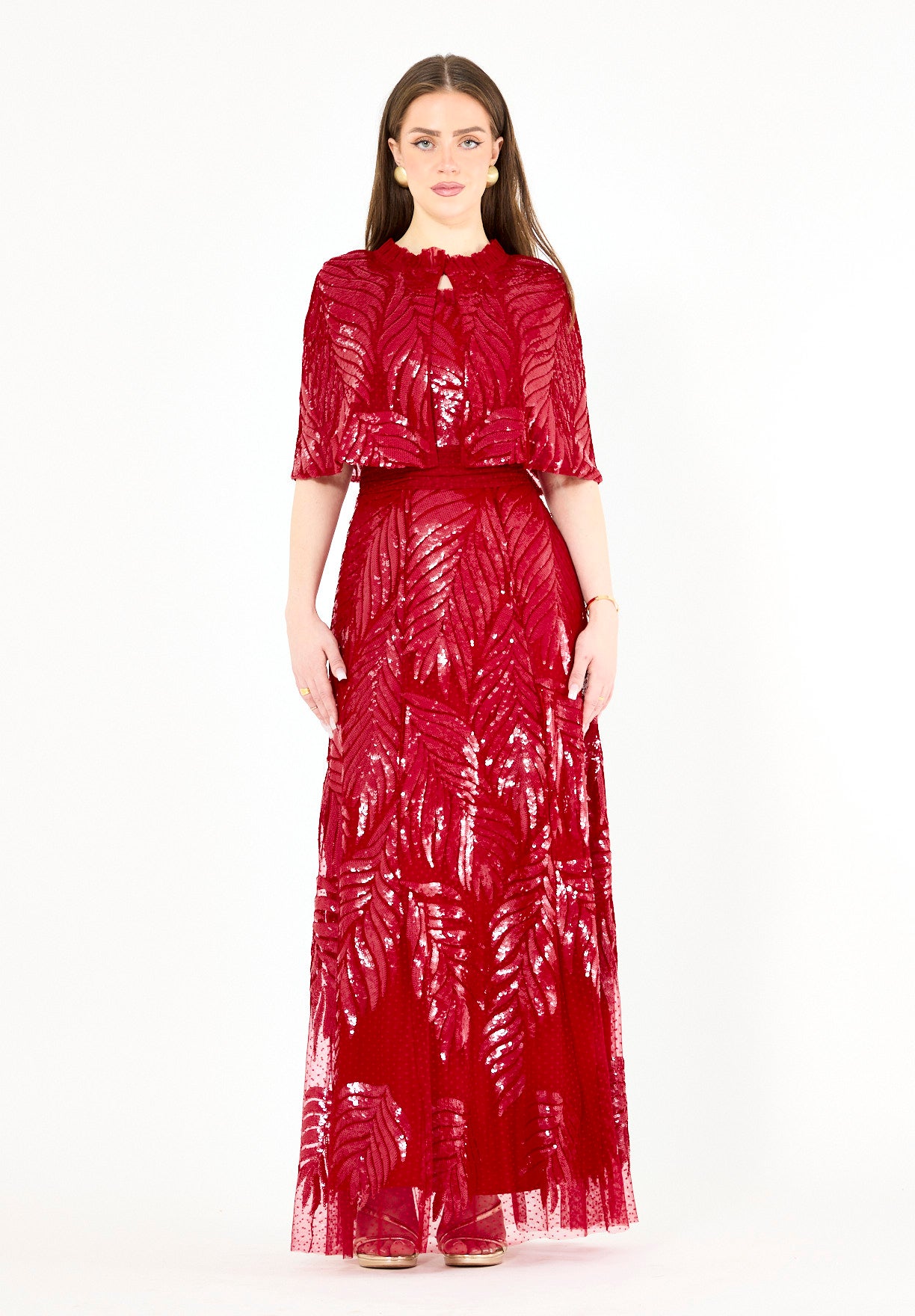 Sequined Leaf Gown with Sheer Cape Overlay