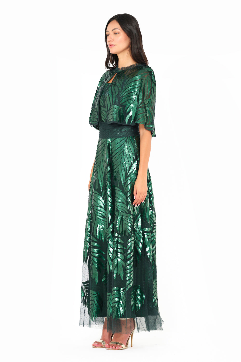 Sequin Leaf Cape Sleeve Evening Gown
