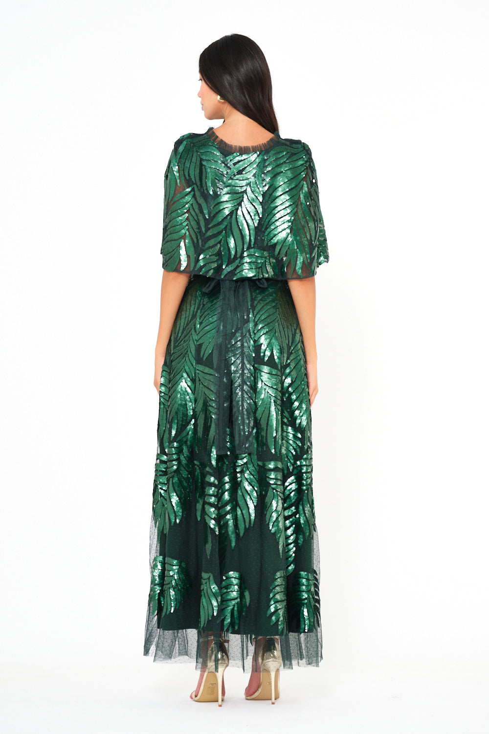 Sequin Leaf Cape Sleeve Evening Gown