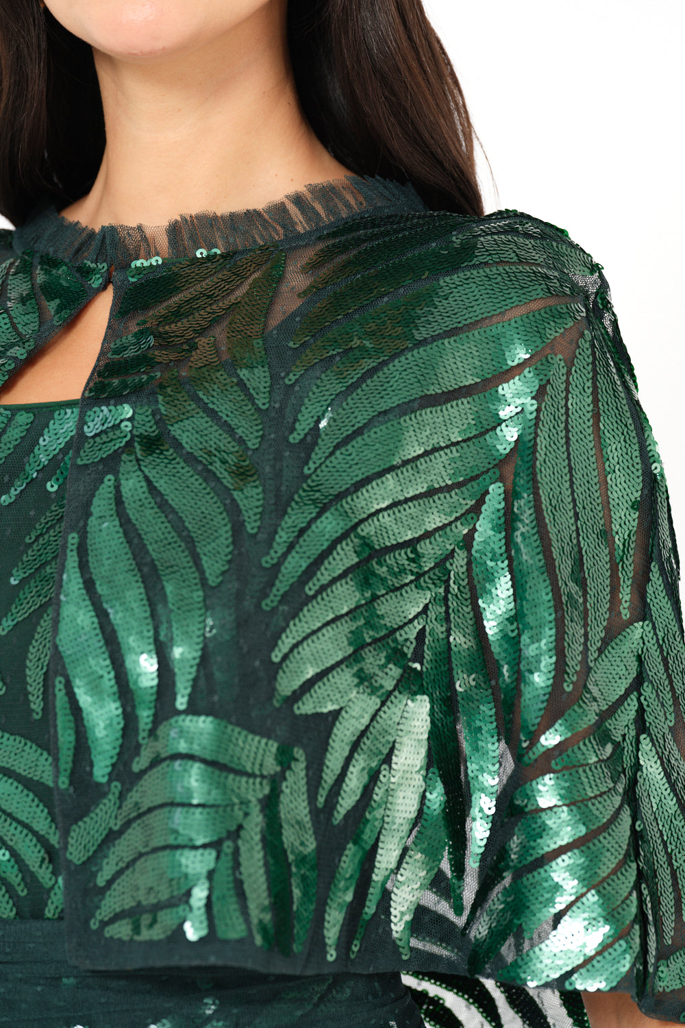 Sequin Leaf Cape Sleeve Evening Gown
