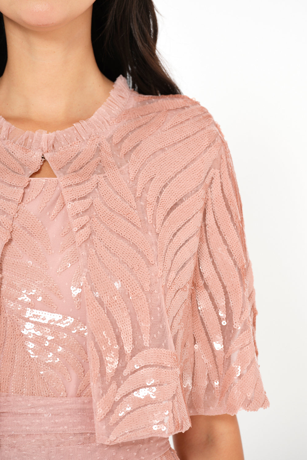 Sequin Leaf Cape Sleeve Evening Gown