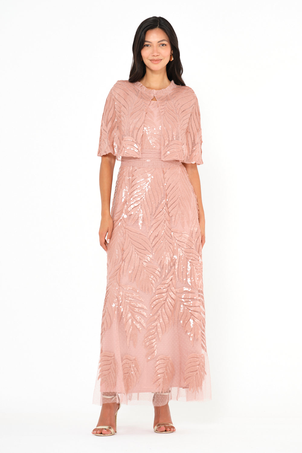 Sequin Leaf Cape Sleeve Evening Gown
