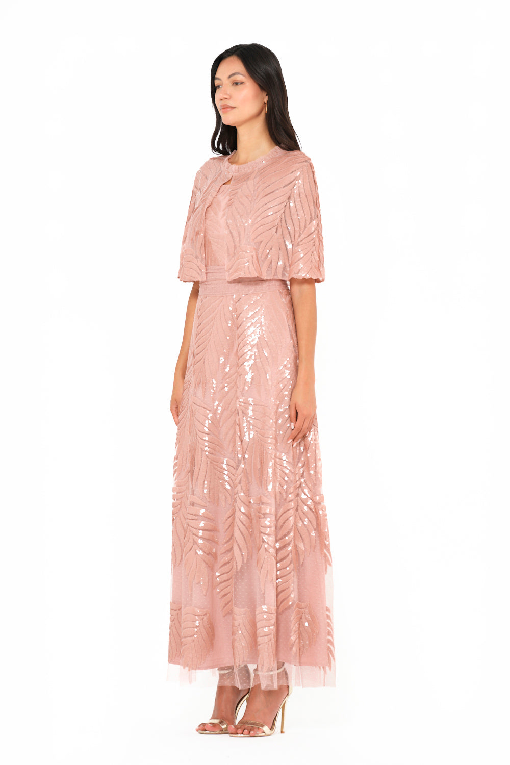 Sequin Leaf Cape Sleeve Evening Gown