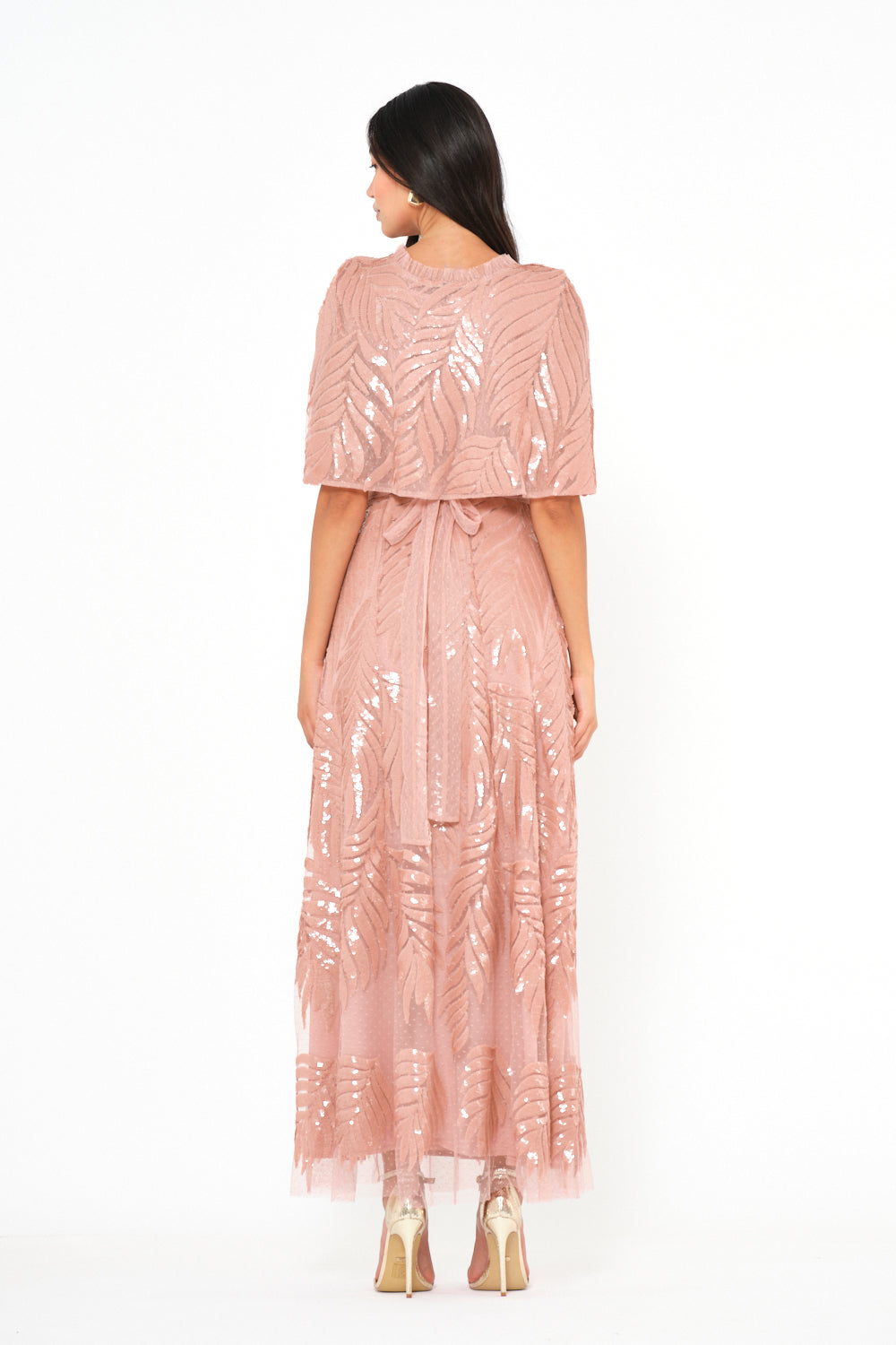 Sequin Leaf Cape Sleeve Evening Gown