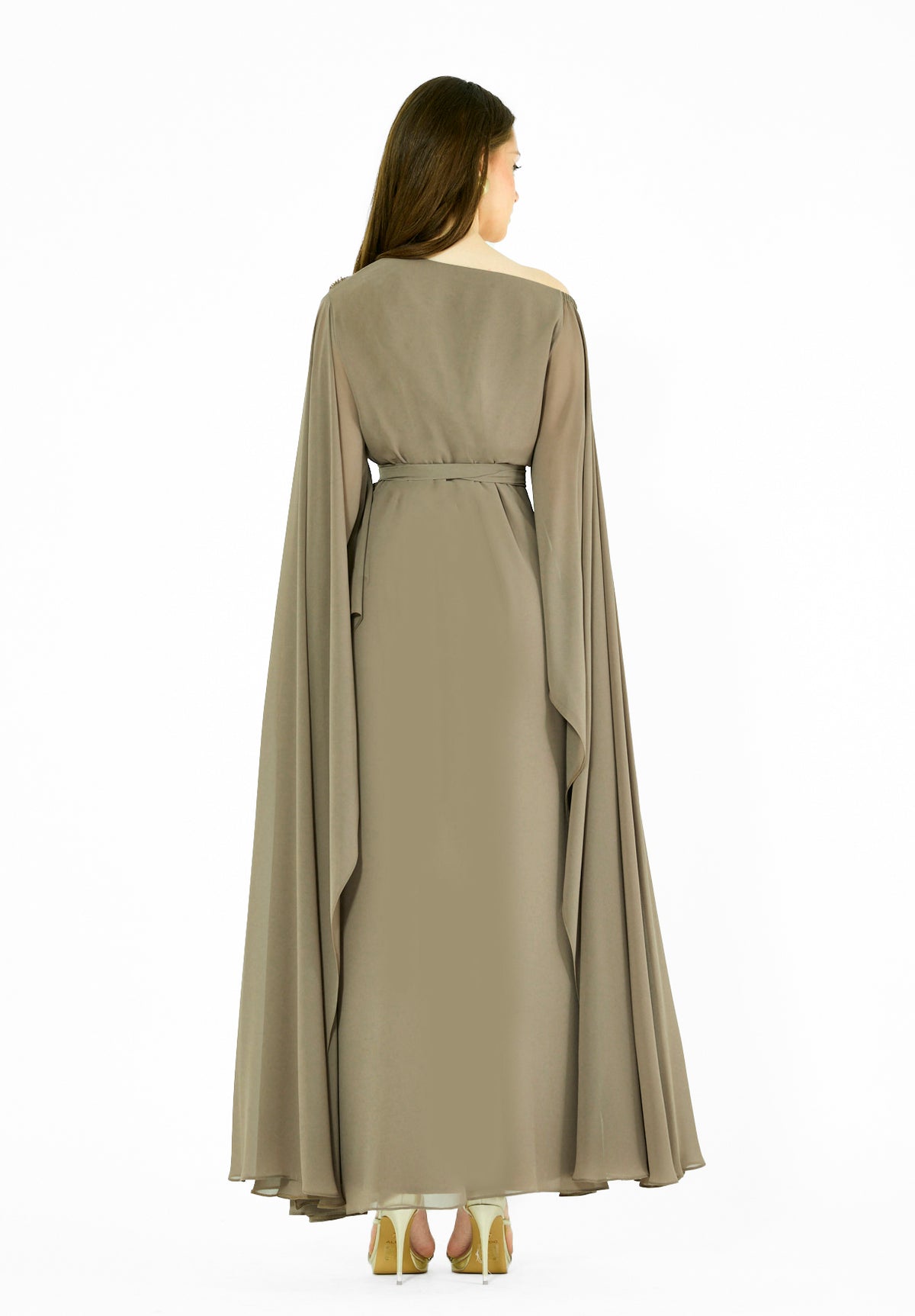 Embellished Chiffon Cape Gown