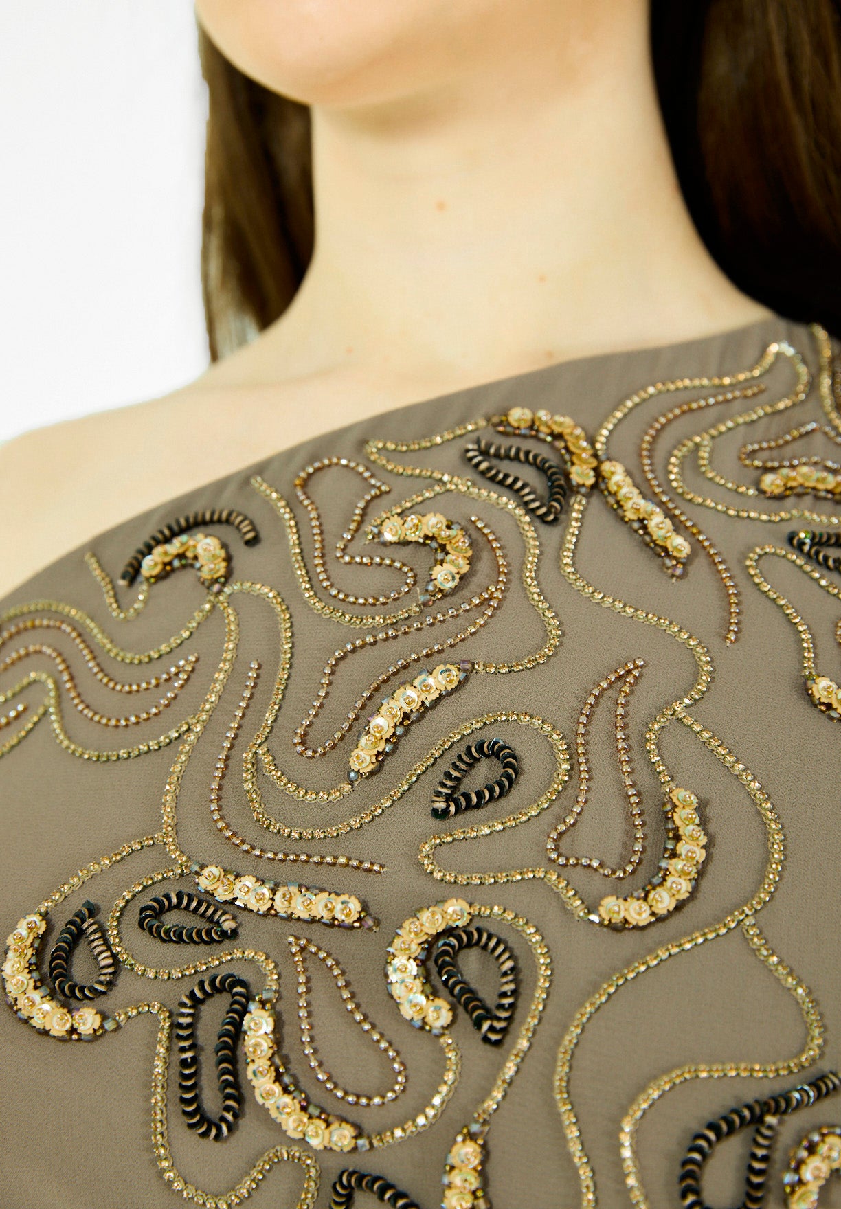 Swirl-Patterned Embellished One-Shoulder Gown