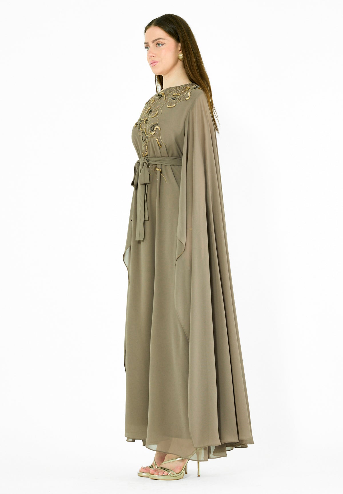 Embellished Chiffon Cape Gown