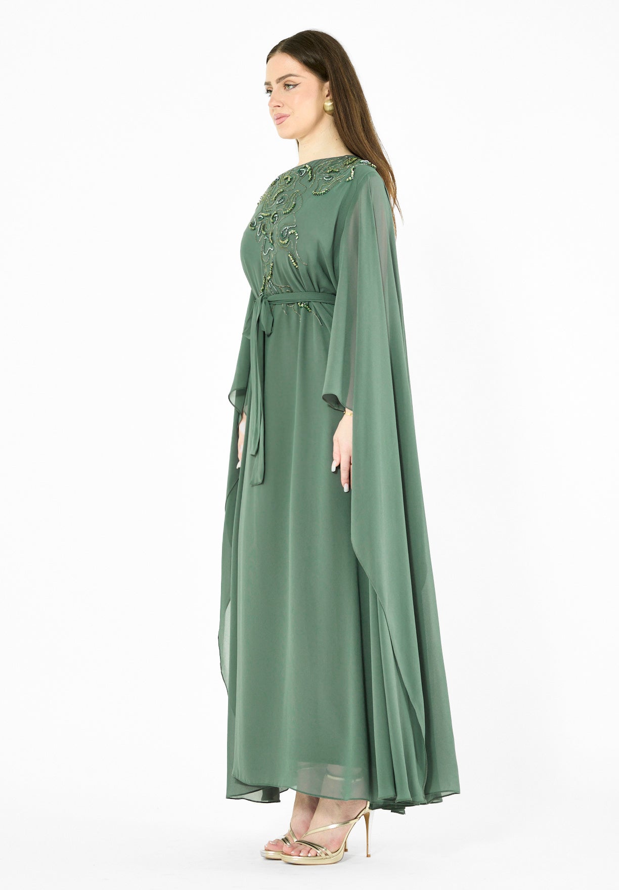 Swirl-Patterned Embellished One-Shoulder Gown