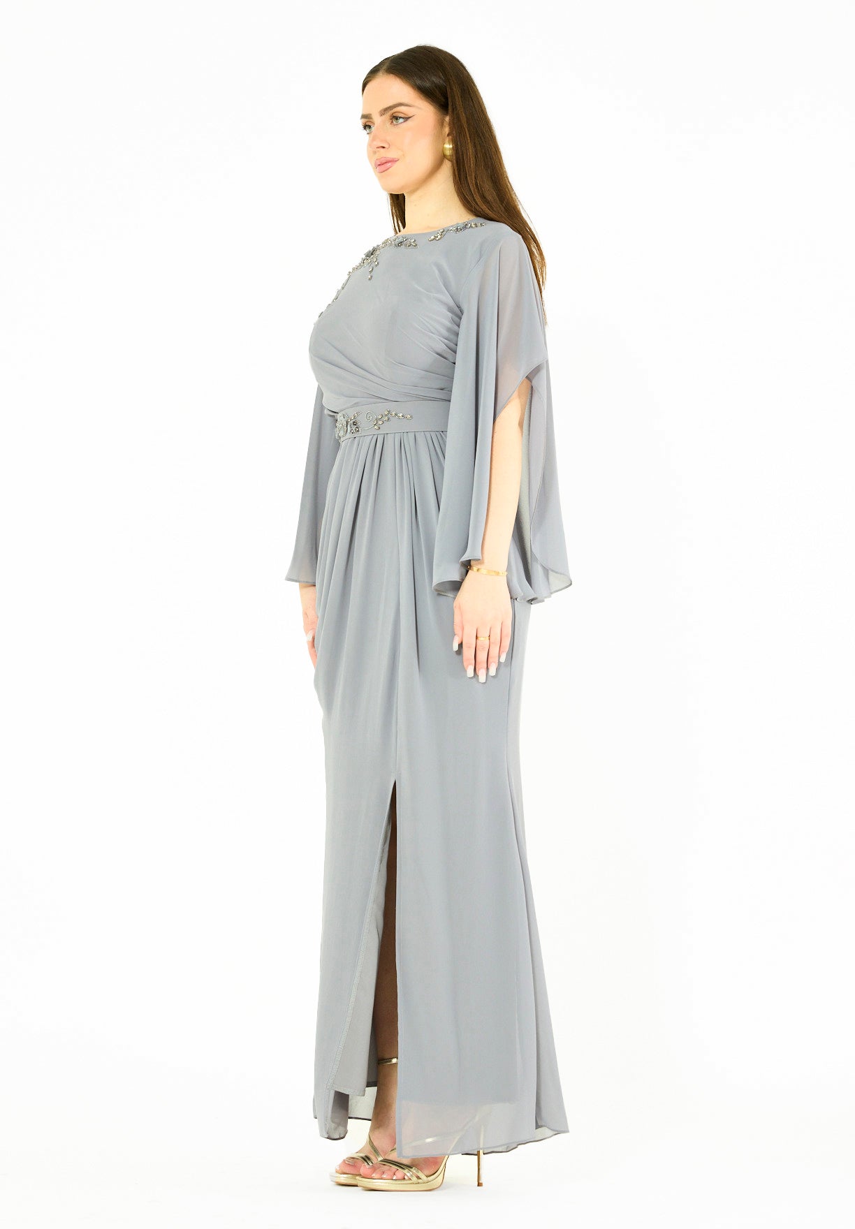 Elegant Draped Gown with Embellished Details