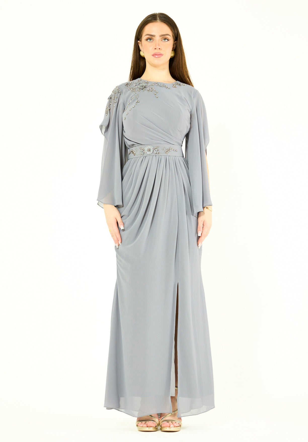 Elegant Draped Gown with Embellished Details