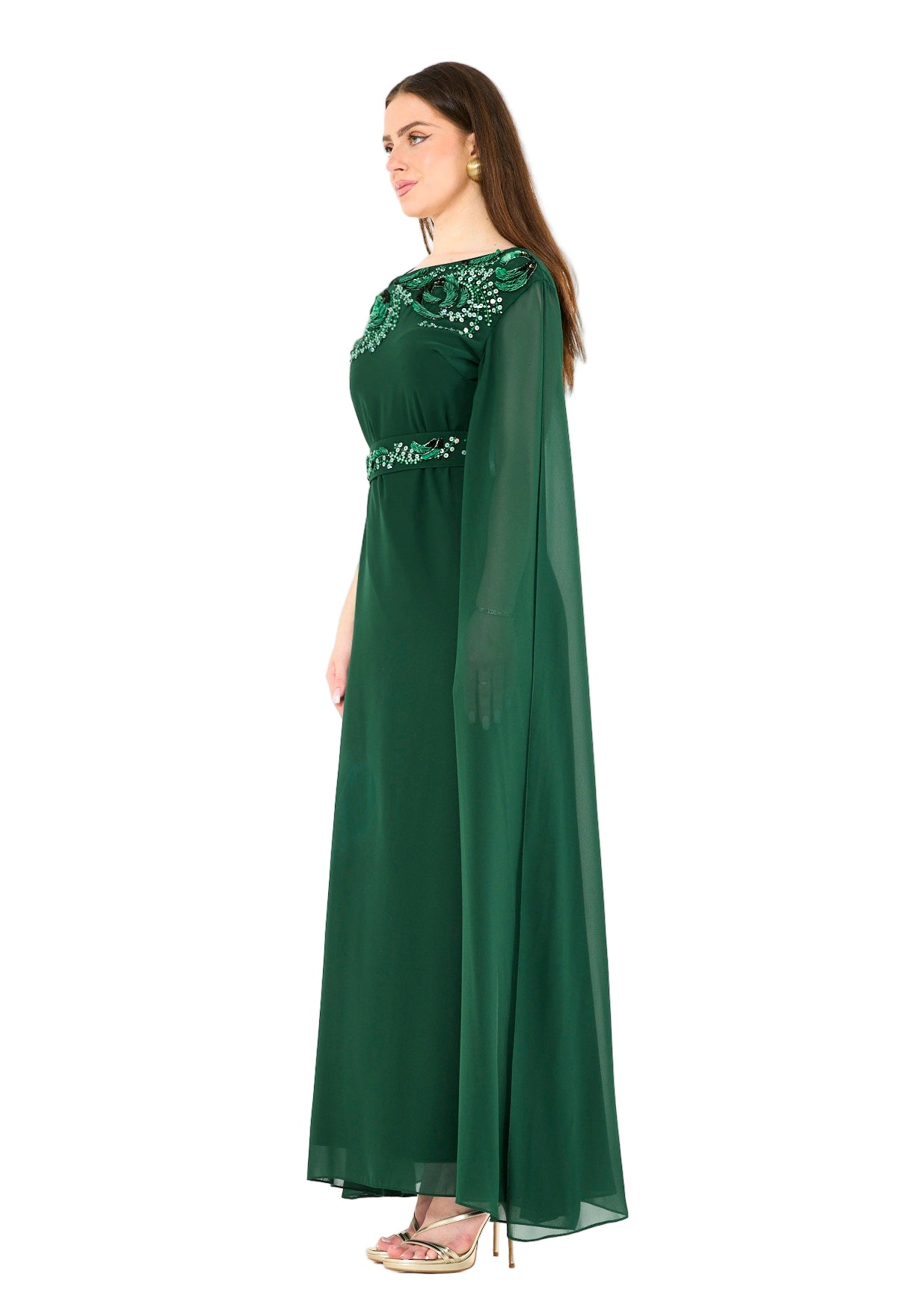 Cape Sleeve Embellished Evening Gown