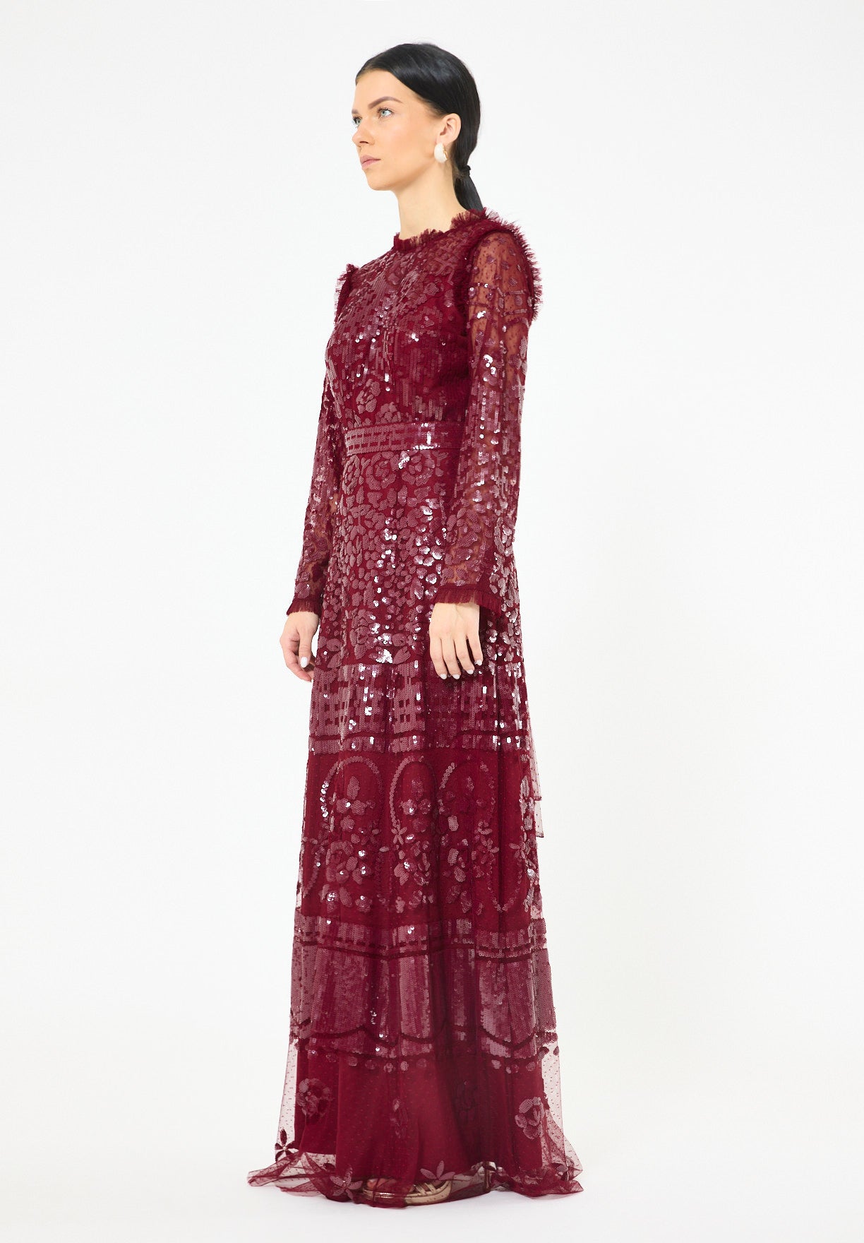 Sequin Embellished Dotted Tulle Gown