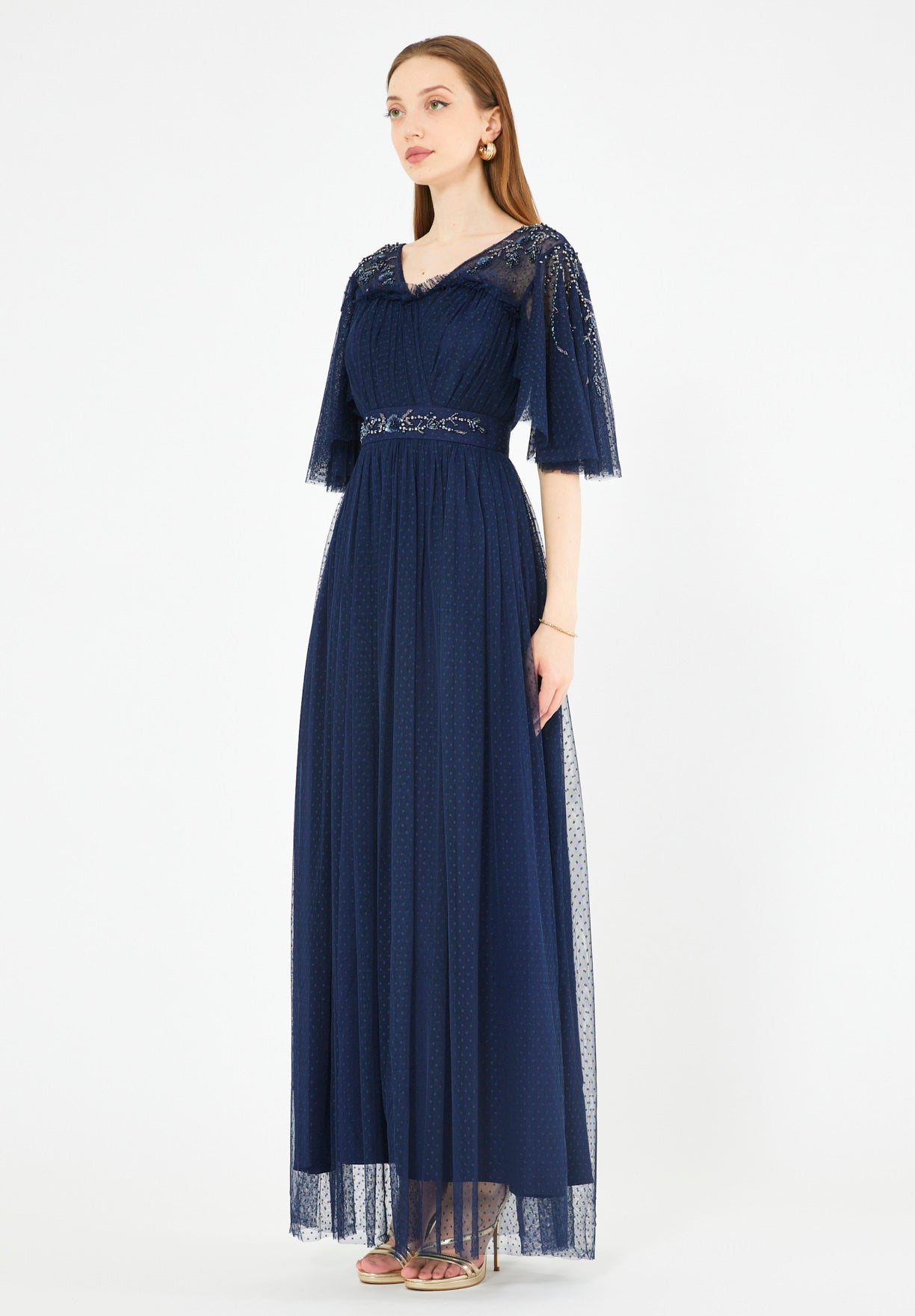 Textured Tulle Gown with Embroidered Accents